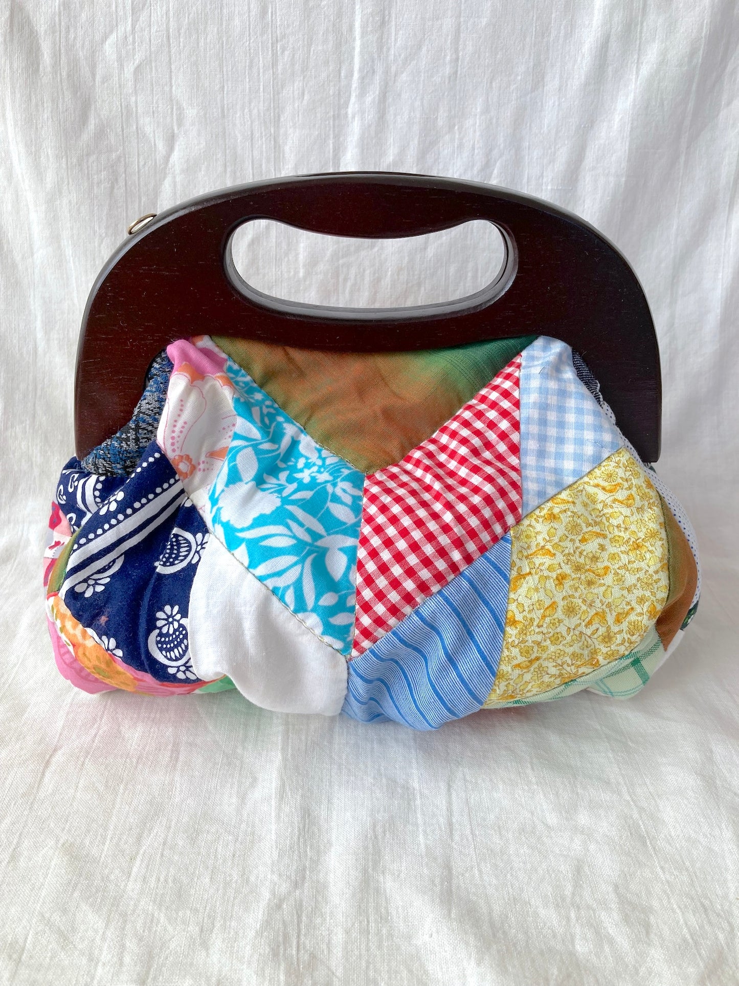 Vintage Colorful Patchwork Clasp Bag with Wooden Handle