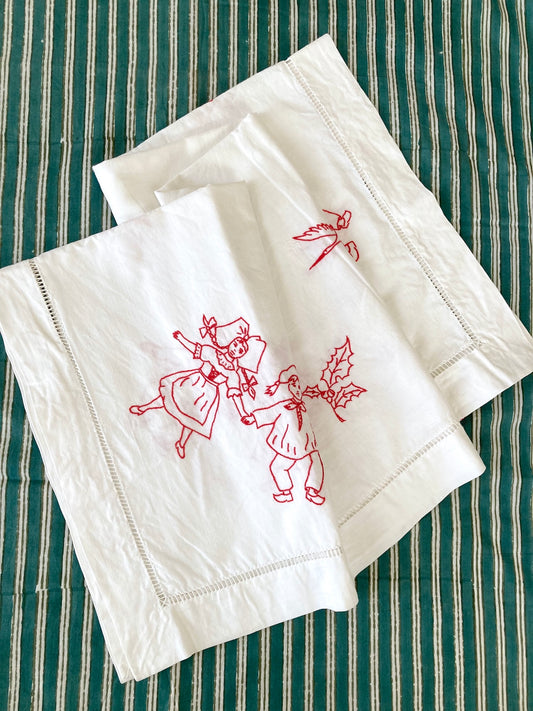 フランス アンティーク ホワイト コットン レッド 刺繍 テーブルクロス