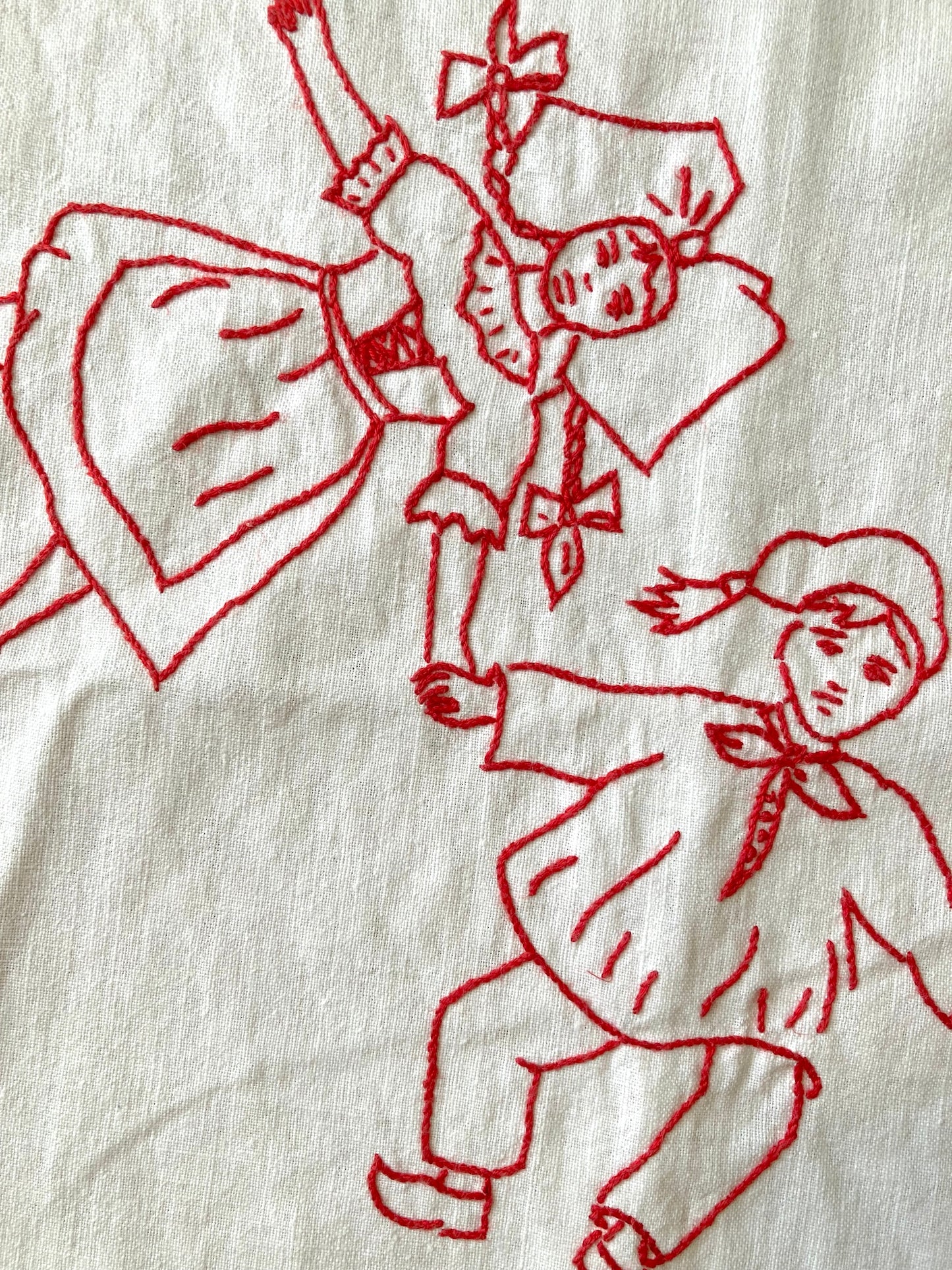 フランス アンティーク ホワイト コットン レッド 刺繍 テーブルクロス