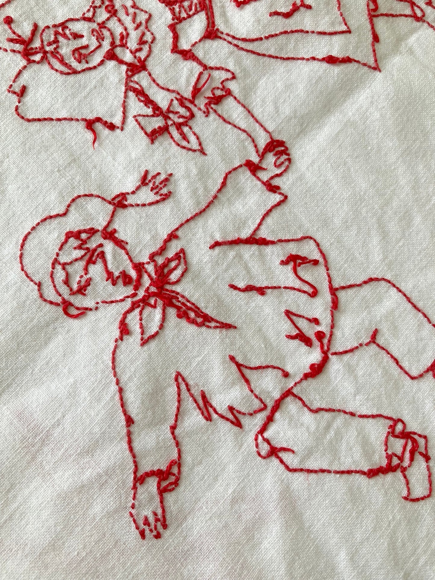 フランス アンティーク ホワイト コットン レッド 刺繍 テーブルクロス