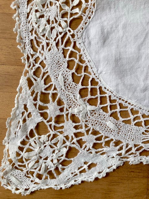 Vintage French Linen Cotton Cloth with Cutwork & Crochet Lace (1920s-40s)