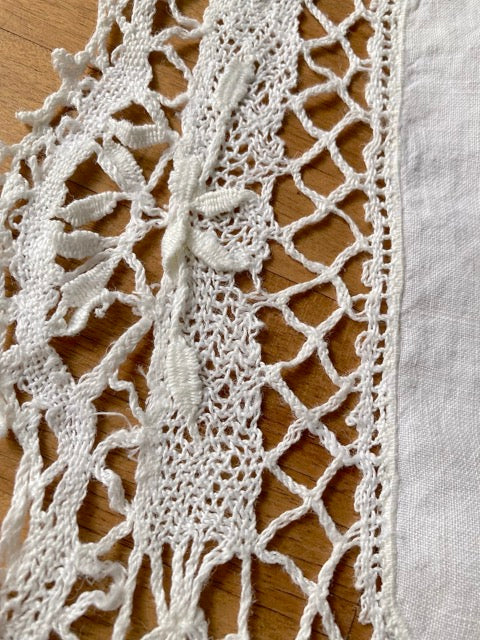 Vintage French Linen Cotton Cloth with Cutwork & Crochet Lace (1920s-40s)