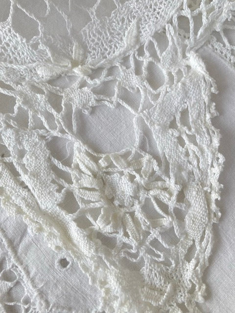 Vintage French Linen Cotton Cloth with Cutwork & Crochet Lace (1920s-40s)