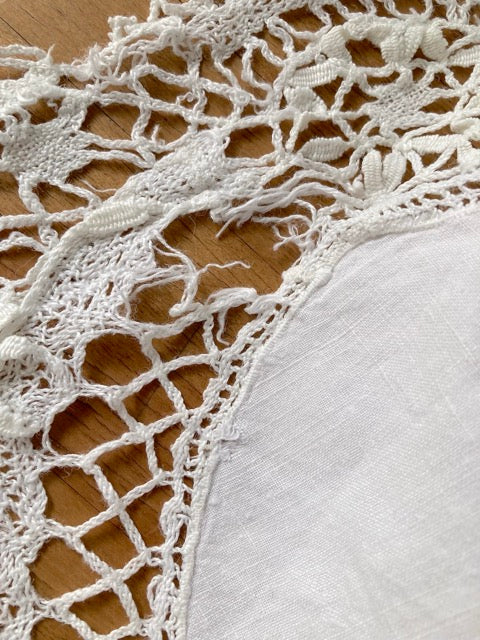 Vintage French Linen Cotton Cloth with Cutwork & Crochet Lace (1920s-40s)