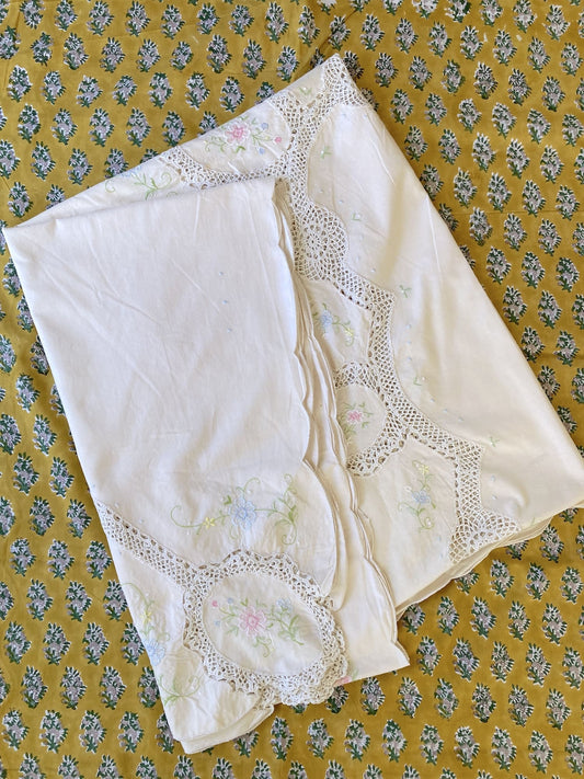 Vintage Cream Cotton Tablecloth with Pastel Flower Embroidery, Scalloped Trim and Crochet Lace 65" x 96"