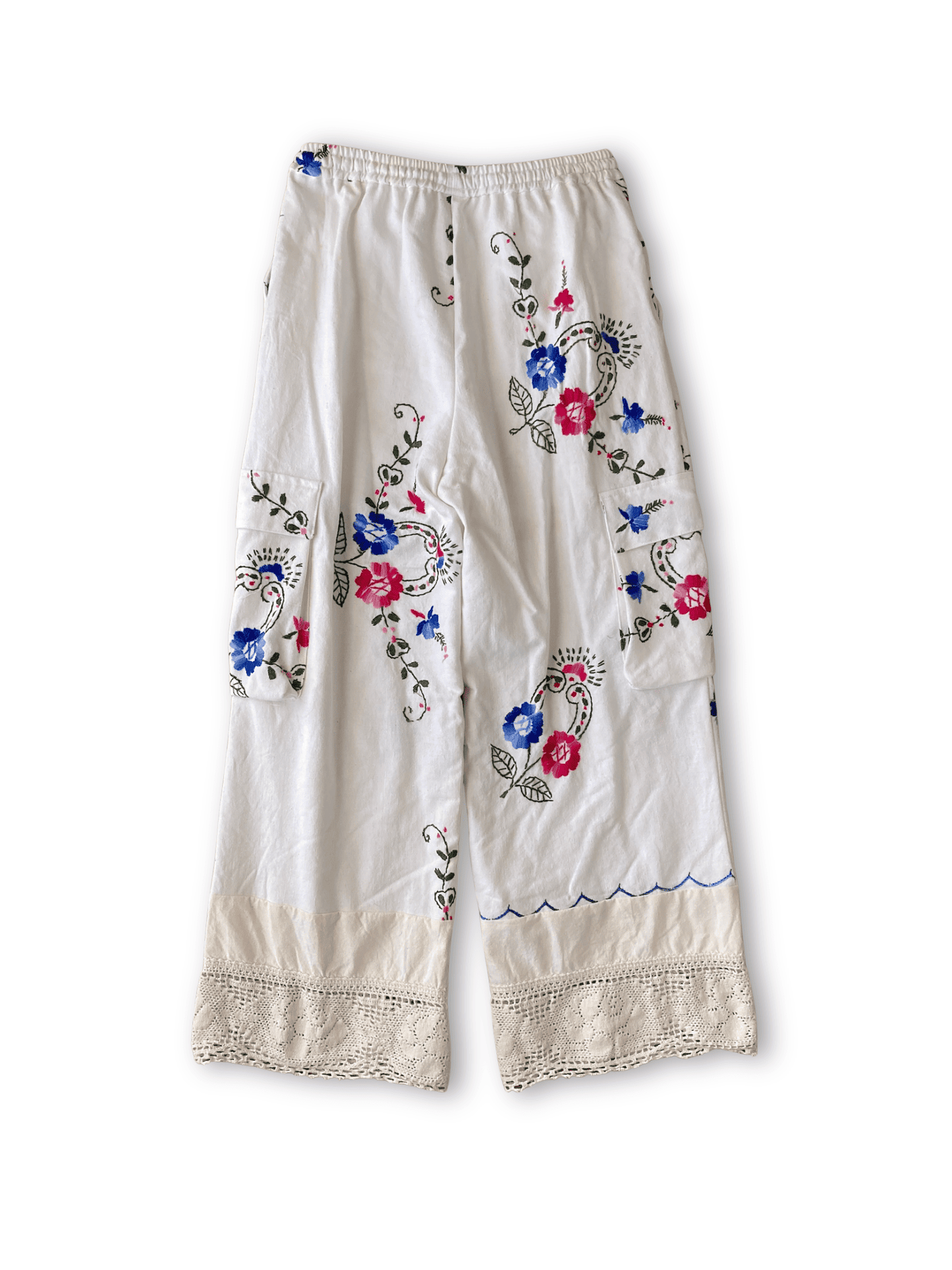 Upcycled Vintage Embroidered Cargo Pants, Crochet Hem, Ivory Cotton Wide Leg Trousers