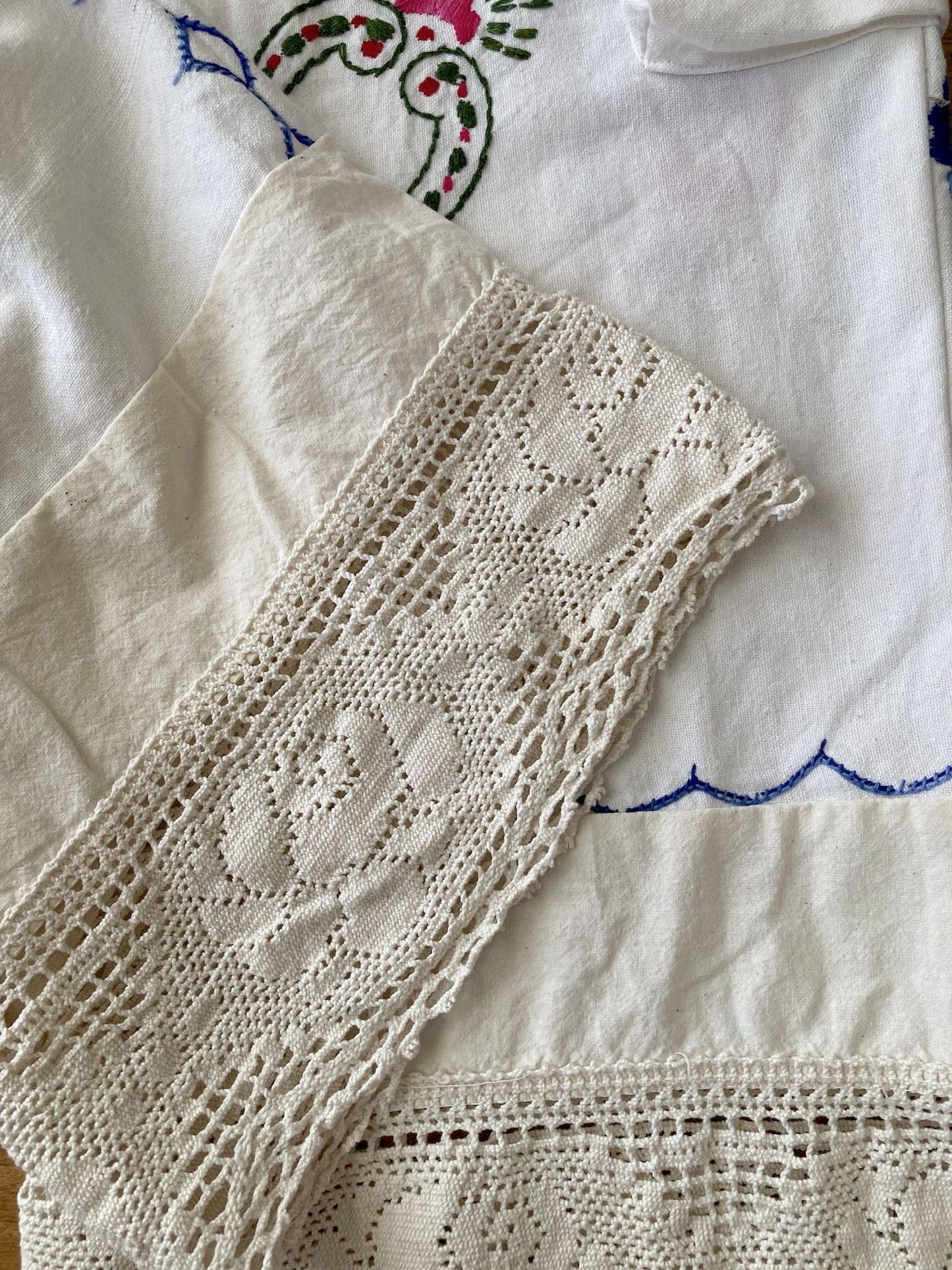 Upcycled Vintage Embroidered Cargo Pants, Crochet Hem, Ivory Cotton Wide Leg Trousers