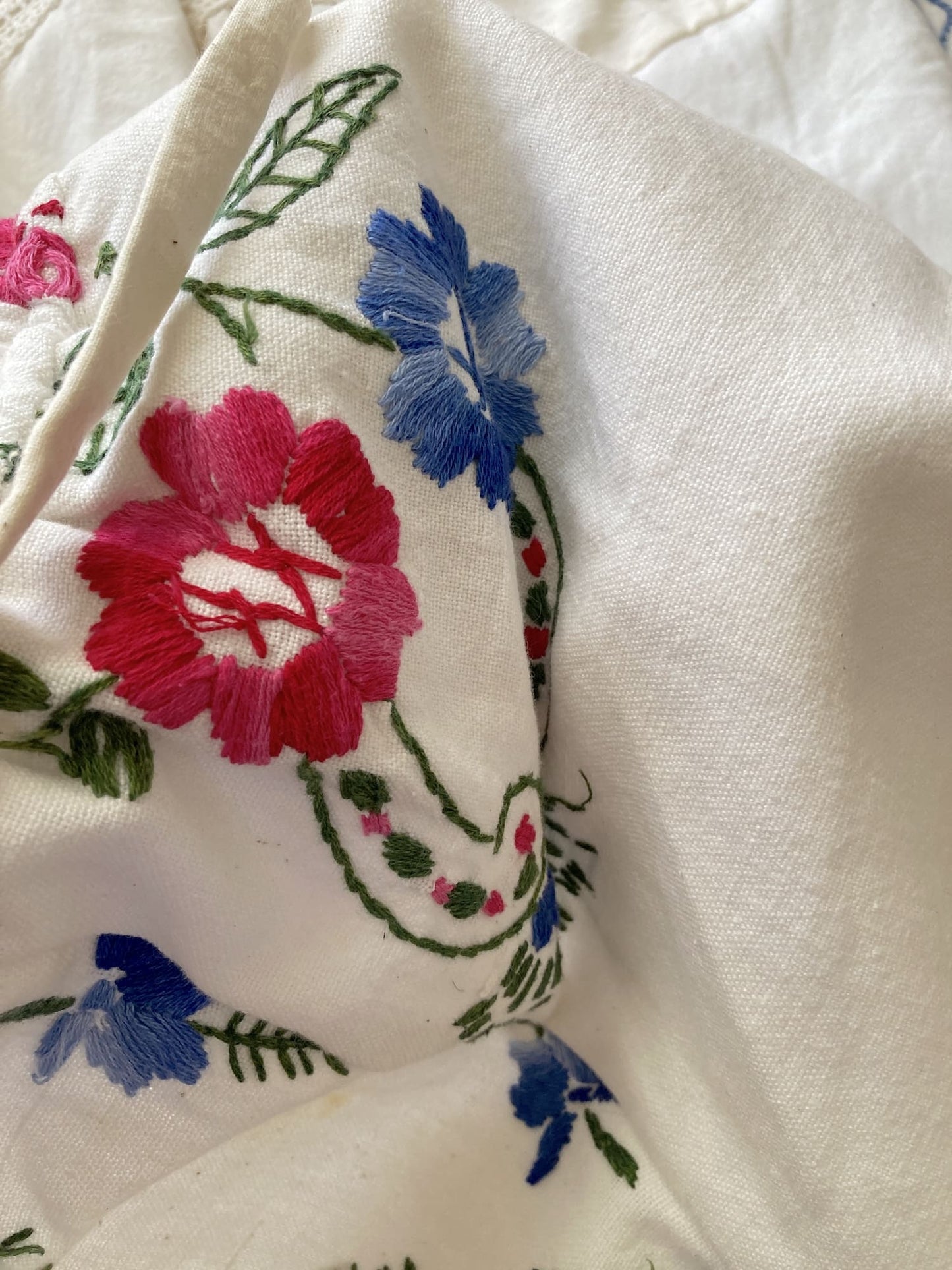Upcycled Vintage Embroidered Cargo Pants, Crochet Hem, Ivory Cotton Wide Leg Trousers