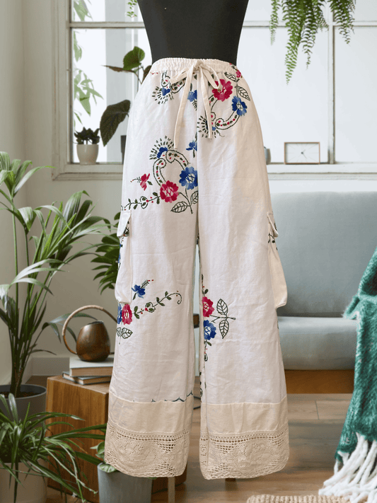 Upcycled Vintage Embroidered Cargo Pants, Crochet Hem, Ivory Cotton Wide Leg Trousers