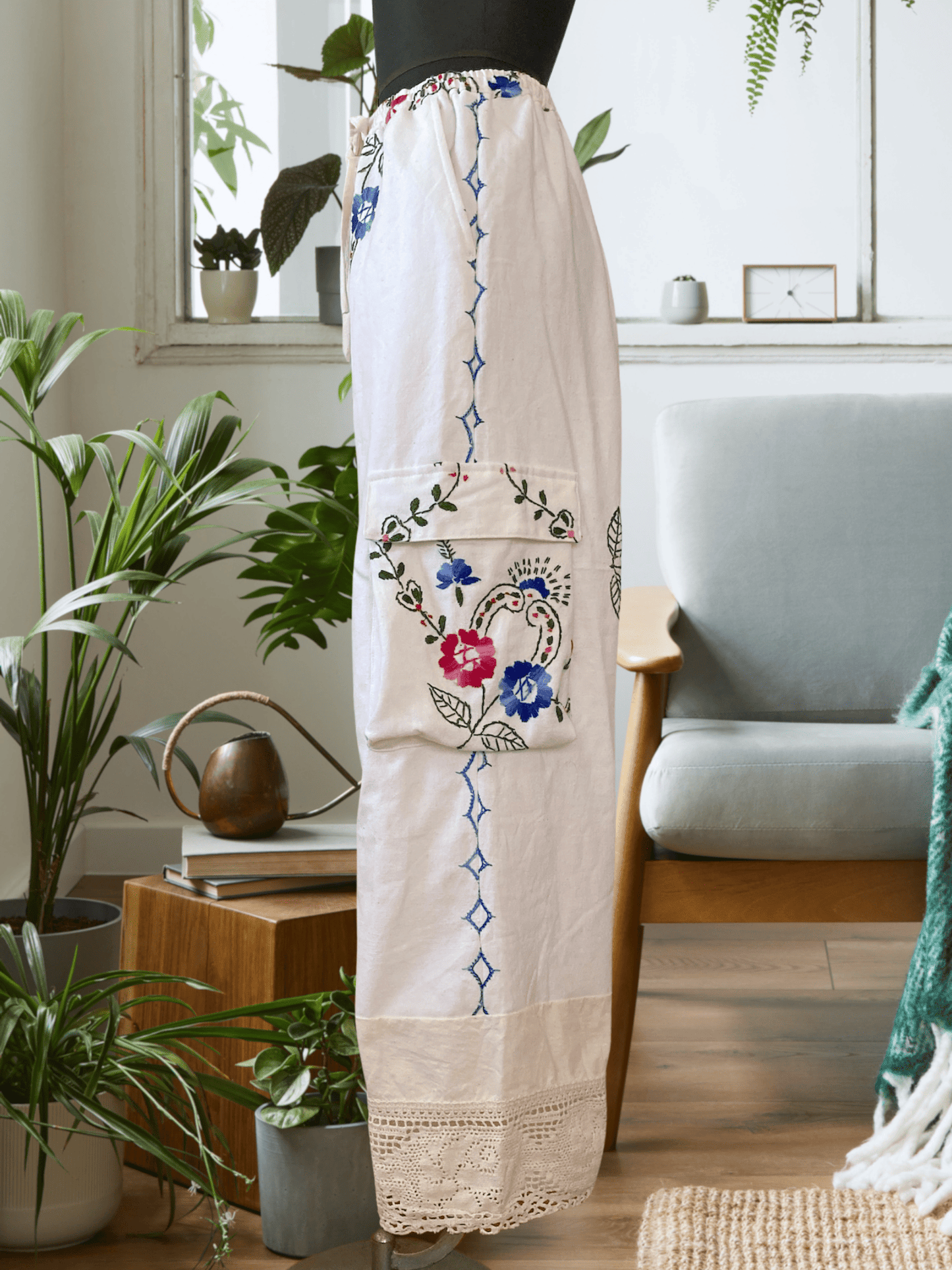 Upcycled Vintage Embroidered Cargo Pants, Crochet Hem, Ivory Cotton Wide Leg Trousers