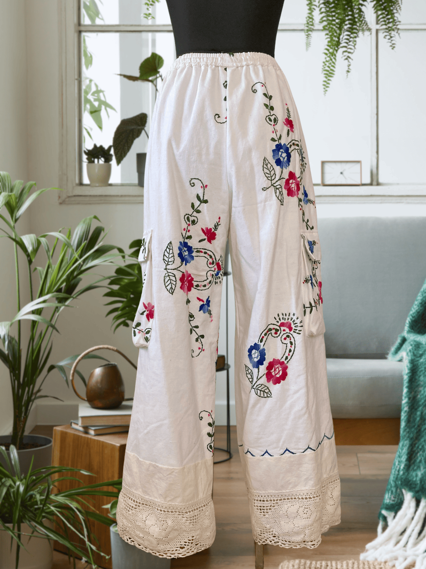 Upcycled Vintage Embroidered Cargo Pants, Crochet Hem, Ivory Cotton Wide Leg Trousers