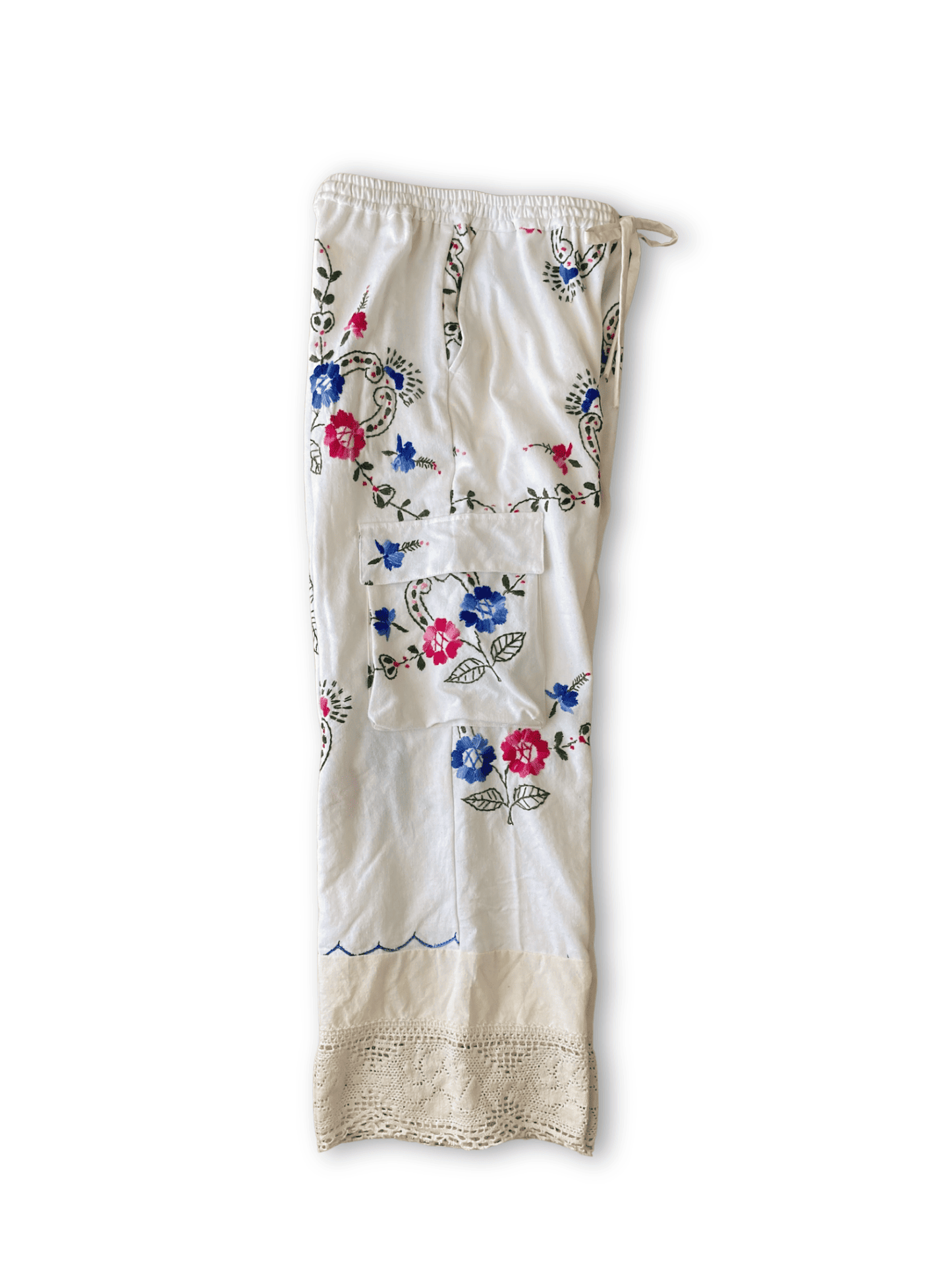 Upcycled Vintage Embroidered Cargo Pants, Crochet Hem, Ivory Cotton Wide Leg Trousers