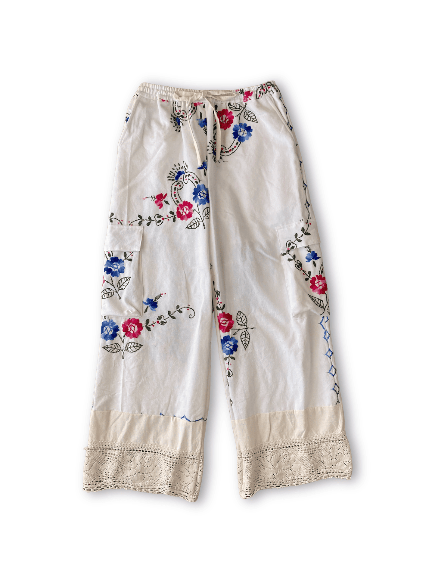 Upcycled Vintage Embroidered Cargo Pants, Crochet Hem, Ivory Cotton Wide Leg Trousers