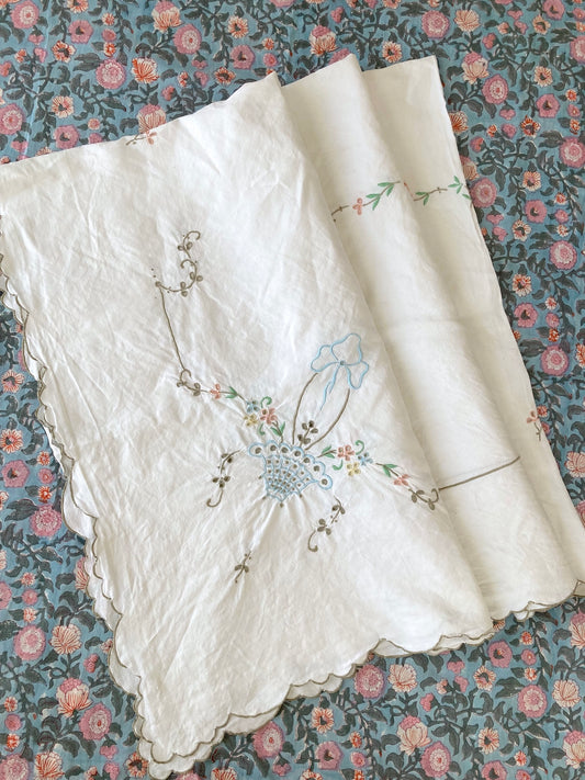 ヴィンテージ  ホワイト リネン アイレットカットワーク 刺繍 テーブルクロス