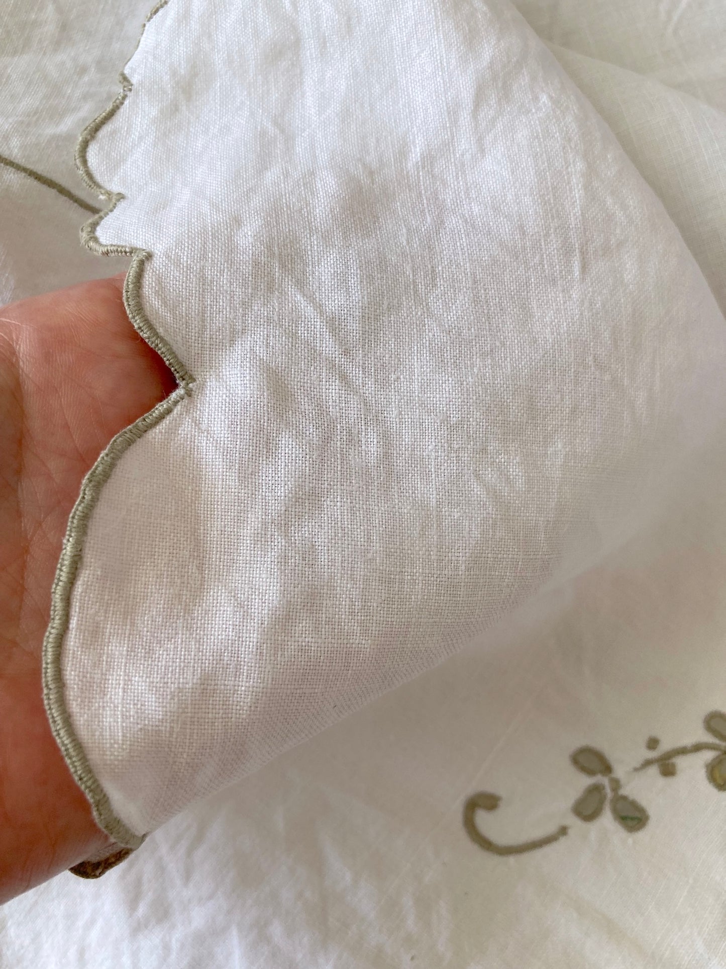 ヴィンテージ  ホワイト リネン アイレットカットワーク 刺繍 テーブルクロス