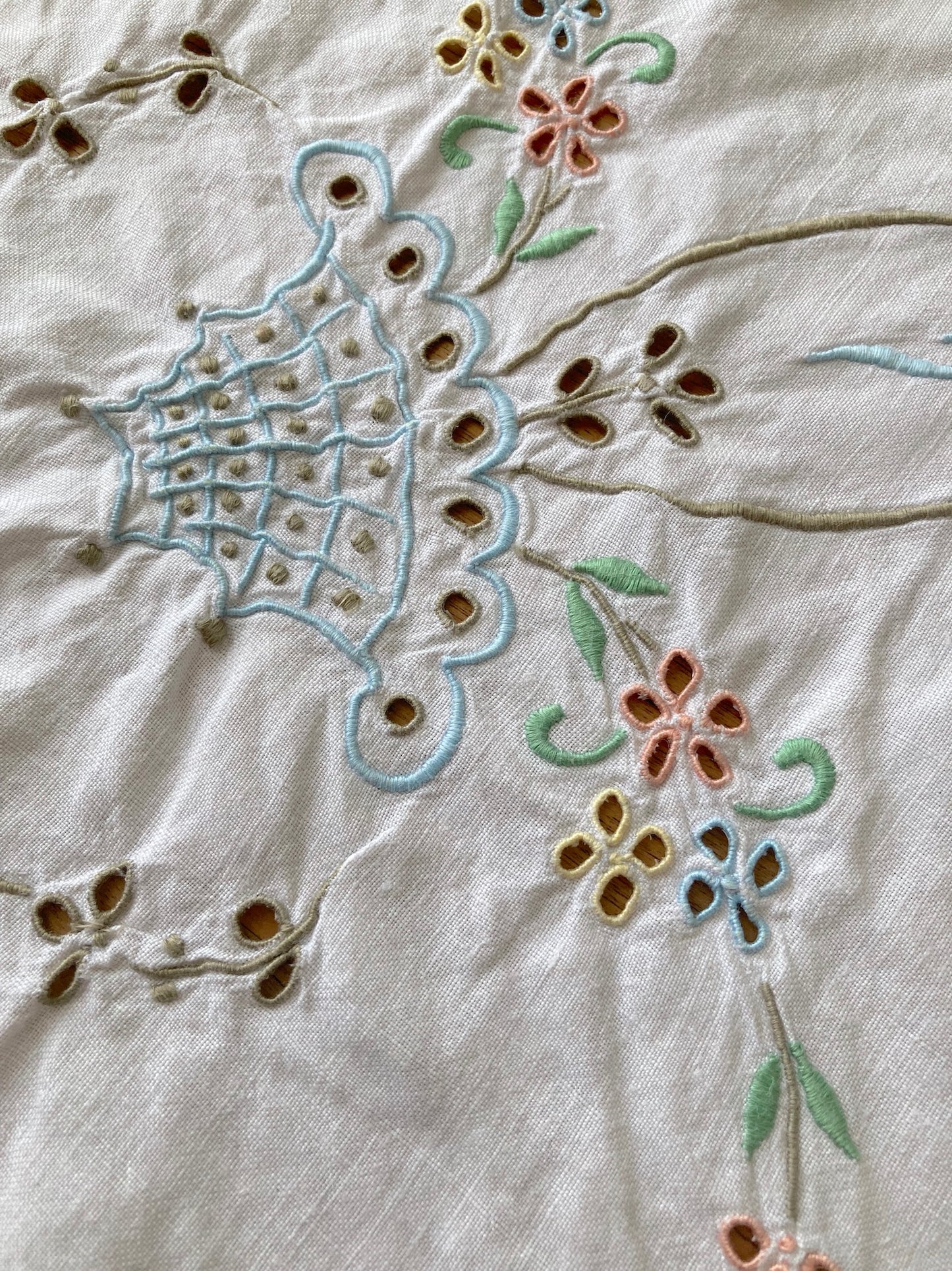ヴィンテージ  ホワイト リネン アイレットカットワーク 刺繍 テーブルクロス