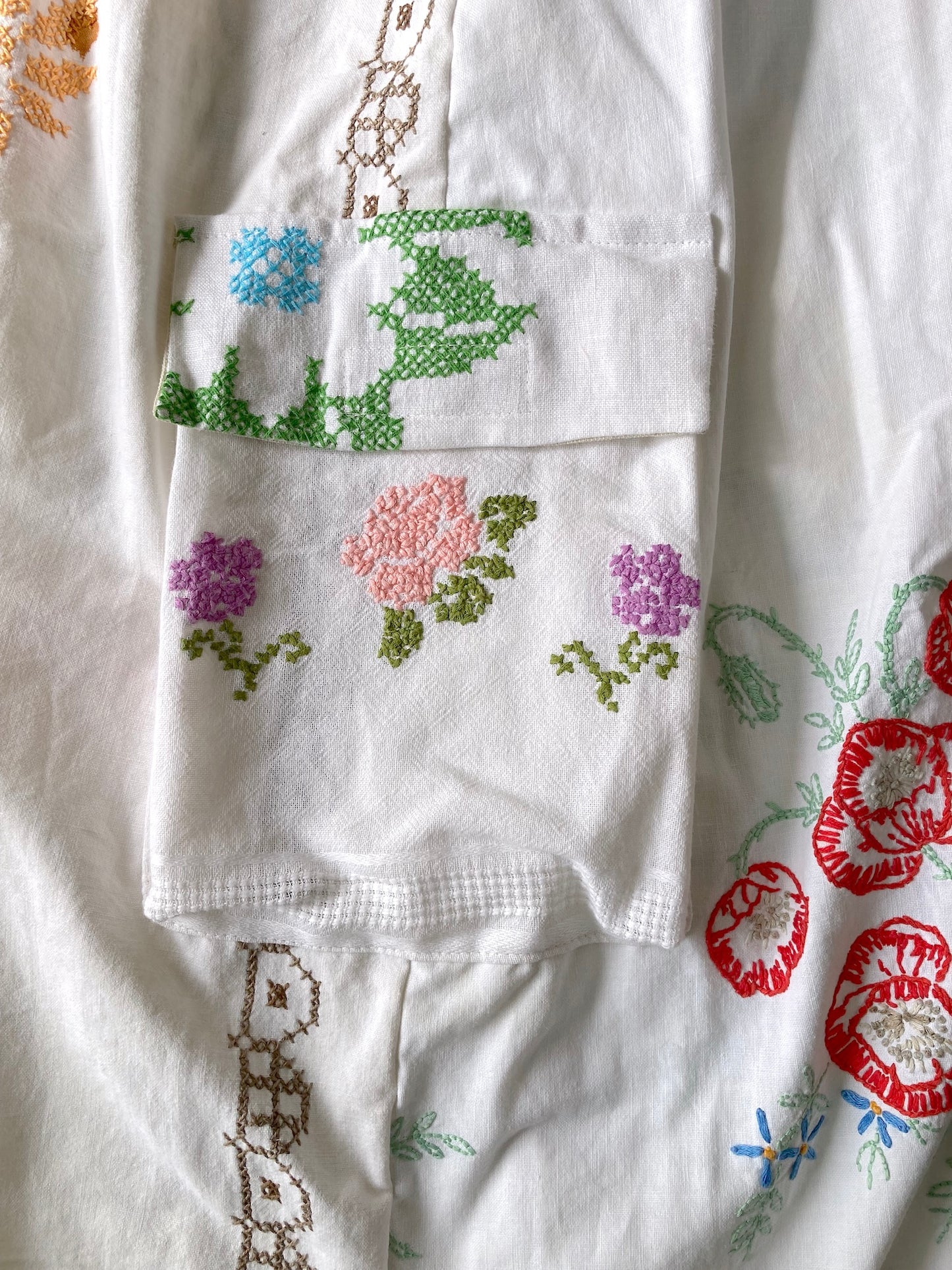 Handmade Relaxed-Fit Pants Made from Vintage Embroidered Fabric with Side Pockets