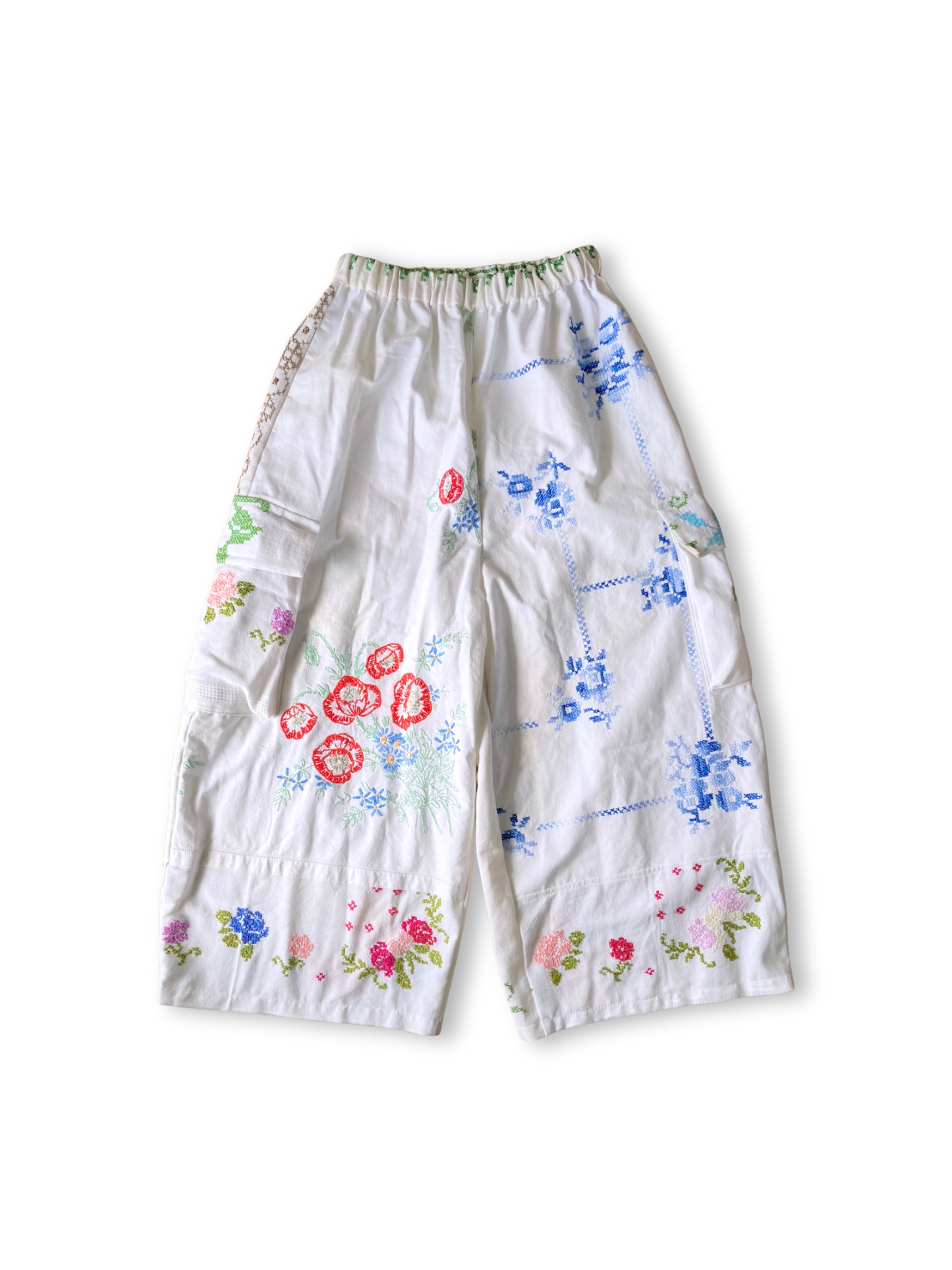 Handmade Relaxed-Fit Pants Made from Vintage Embroidered Fabric with Side Pockets