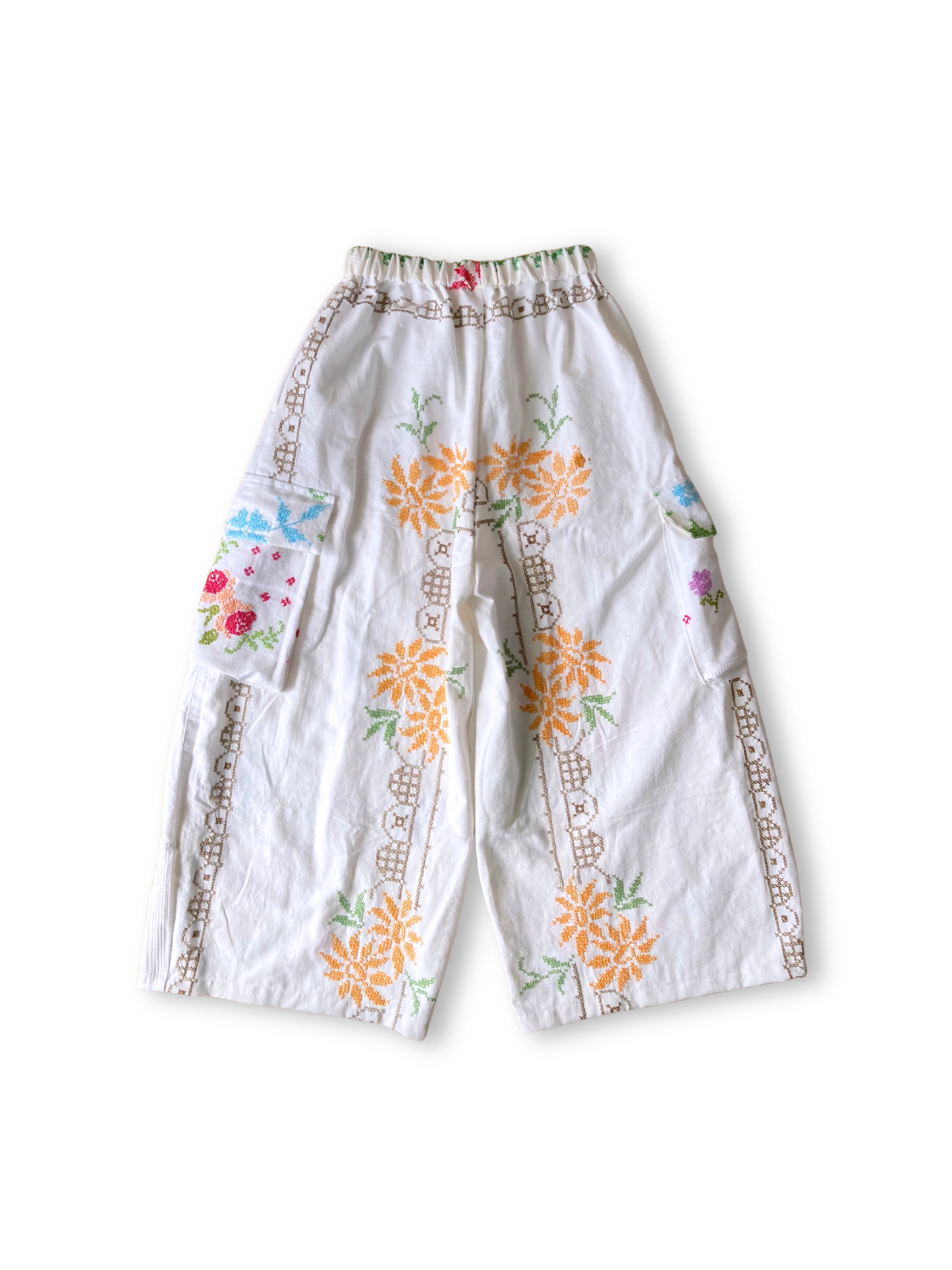 Handmade Relaxed-Fit Pants Made from Vintage Embroidered Fabric with Side Pockets