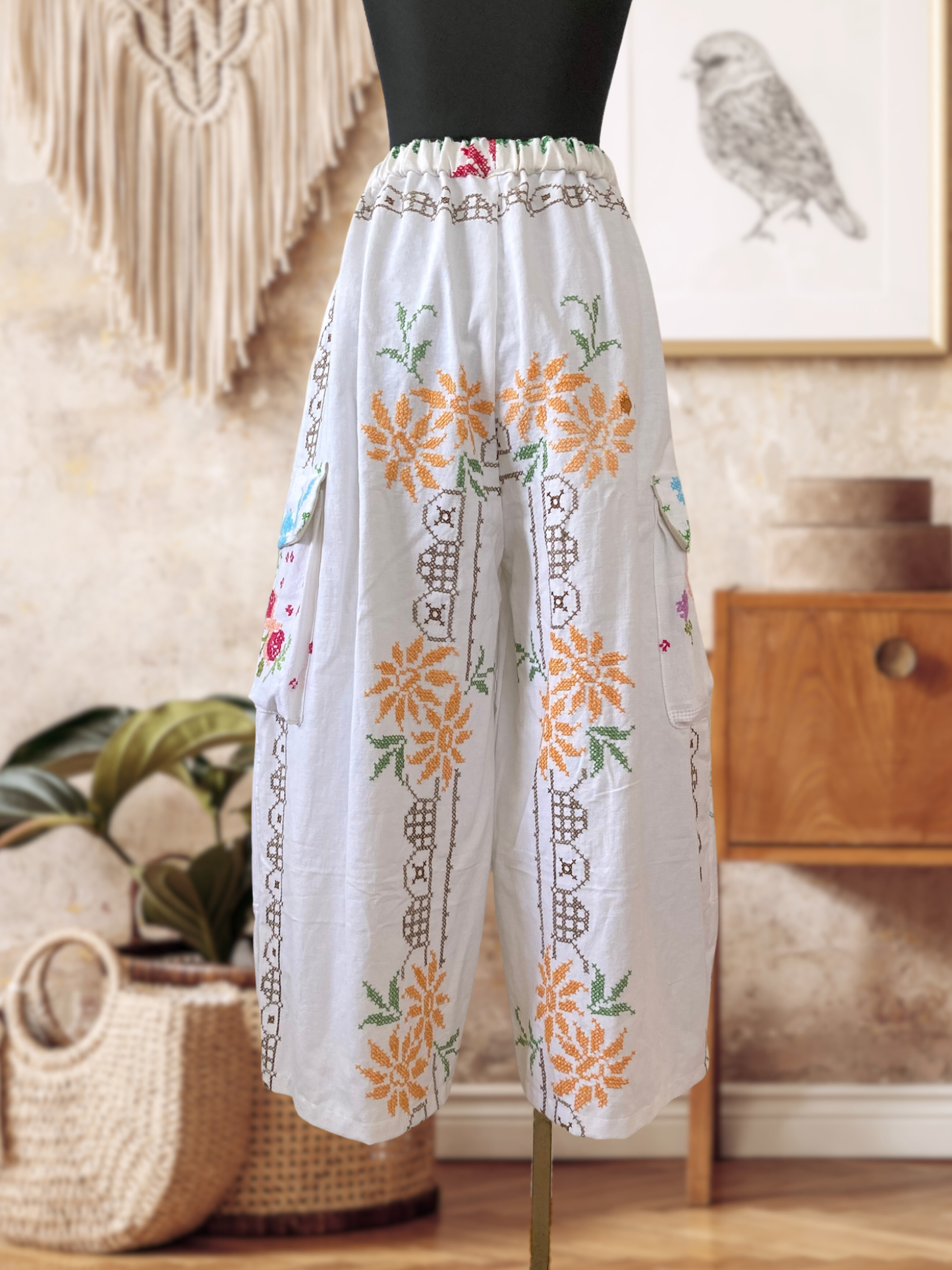 Handmade Relaxed-Fit Pants Made from Vintage Embroidered Fabric with Side Pockets