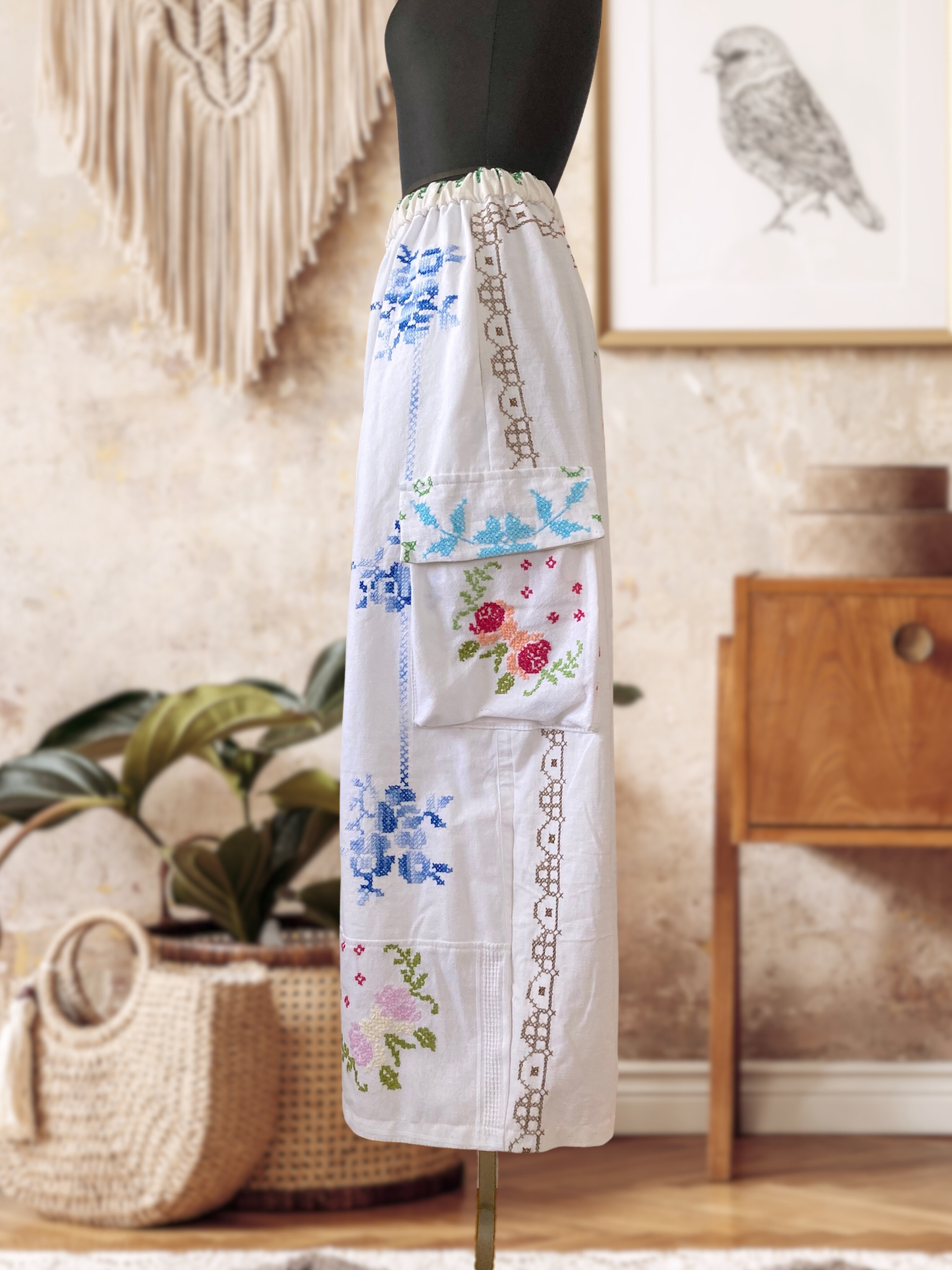 Handmade Relaxed-Fit Pants Made from Vintage Embroidered Fabric with Side Pockets