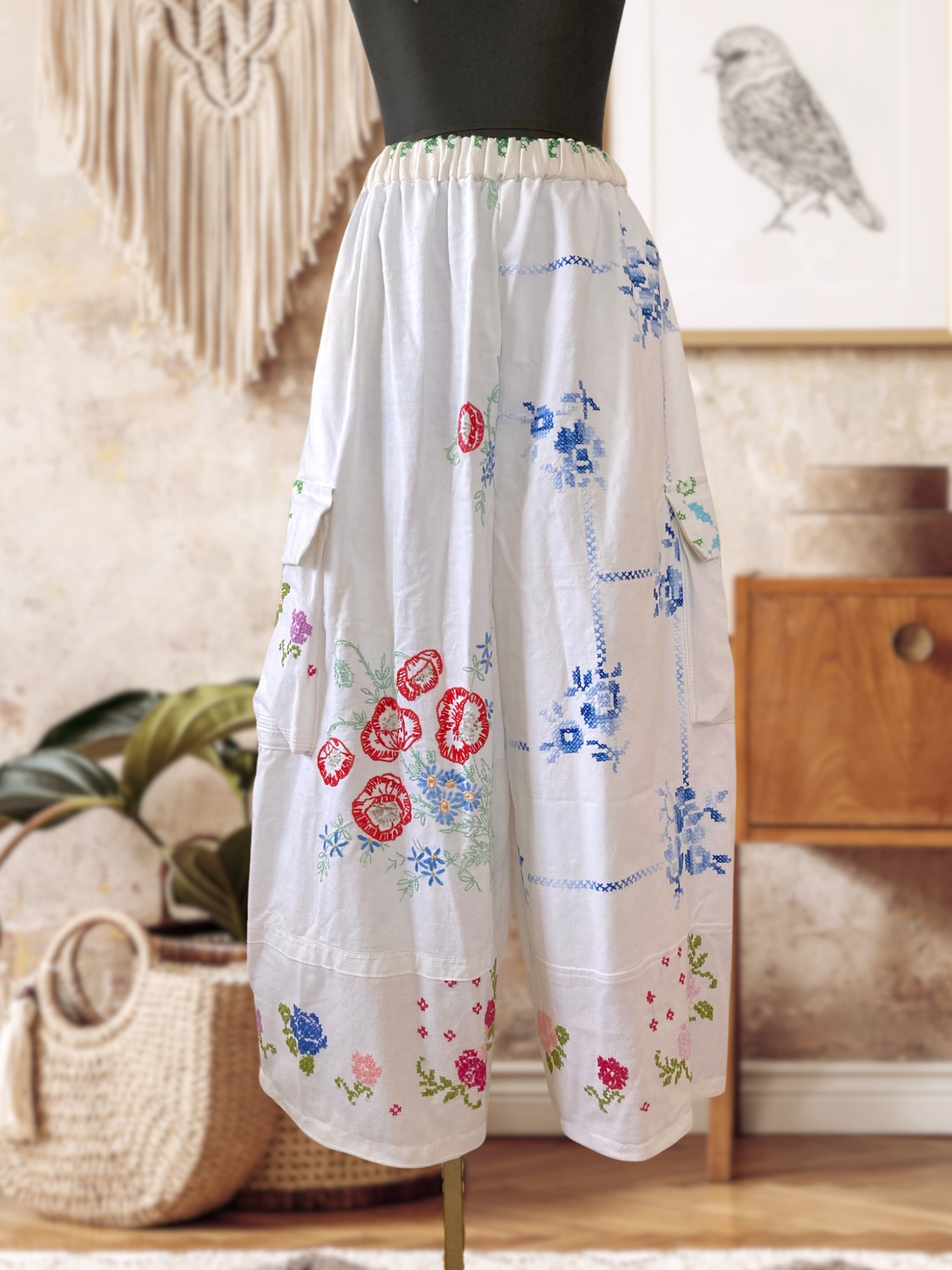 Handmade Relaxed-Fit Pants Made from Vintage Embroidered Fabric with Side Pockets