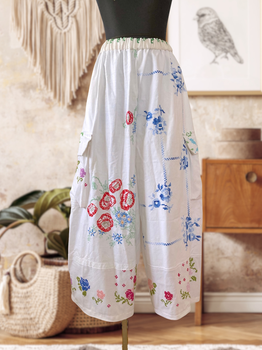 Handmade Relaxed-Fit Pants Made from Vintage Embroidered Fabric with Side Pockets