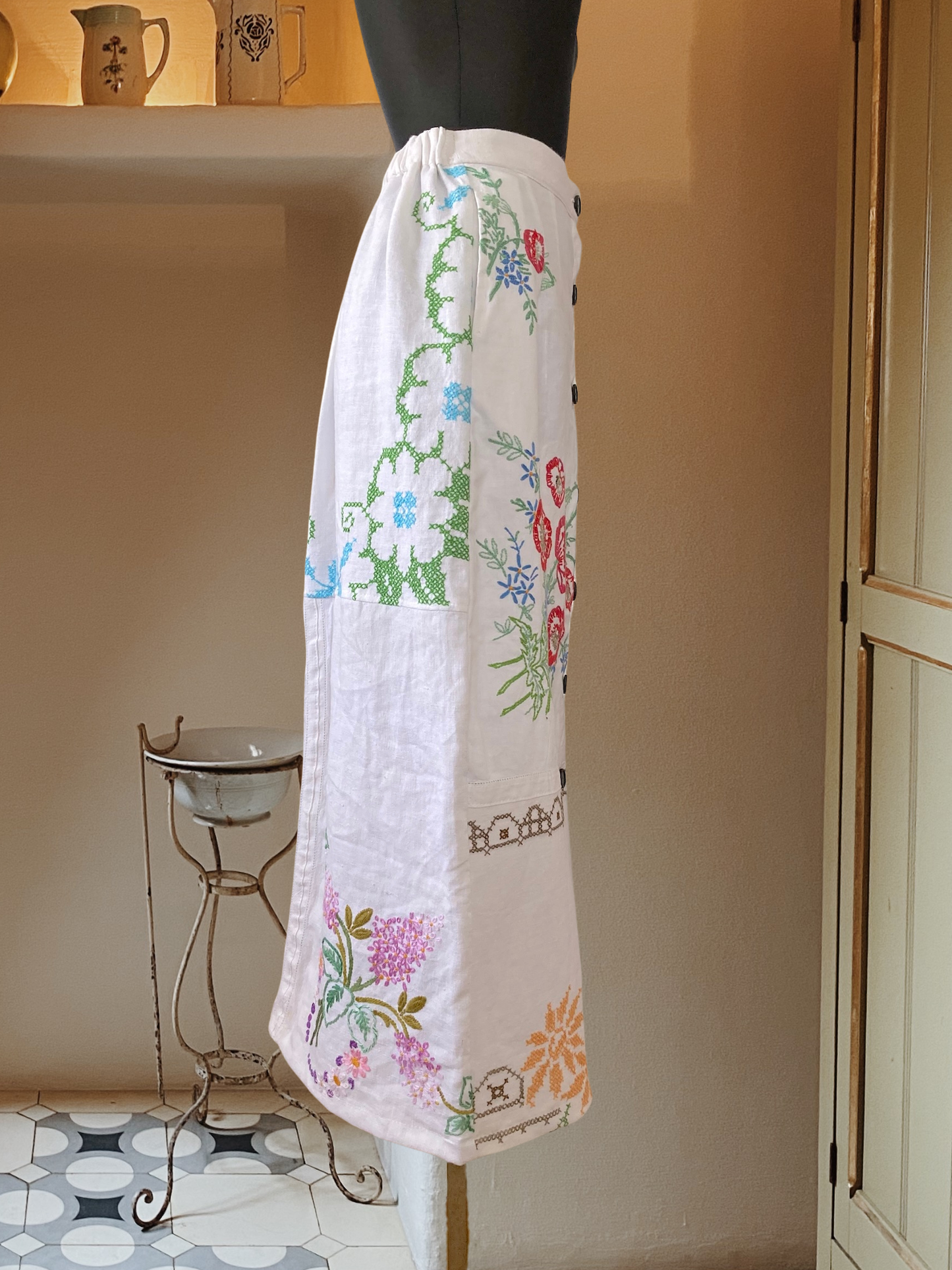 Handmade Skirt from Vintage Embroidered Linen & Cotton Cloth
