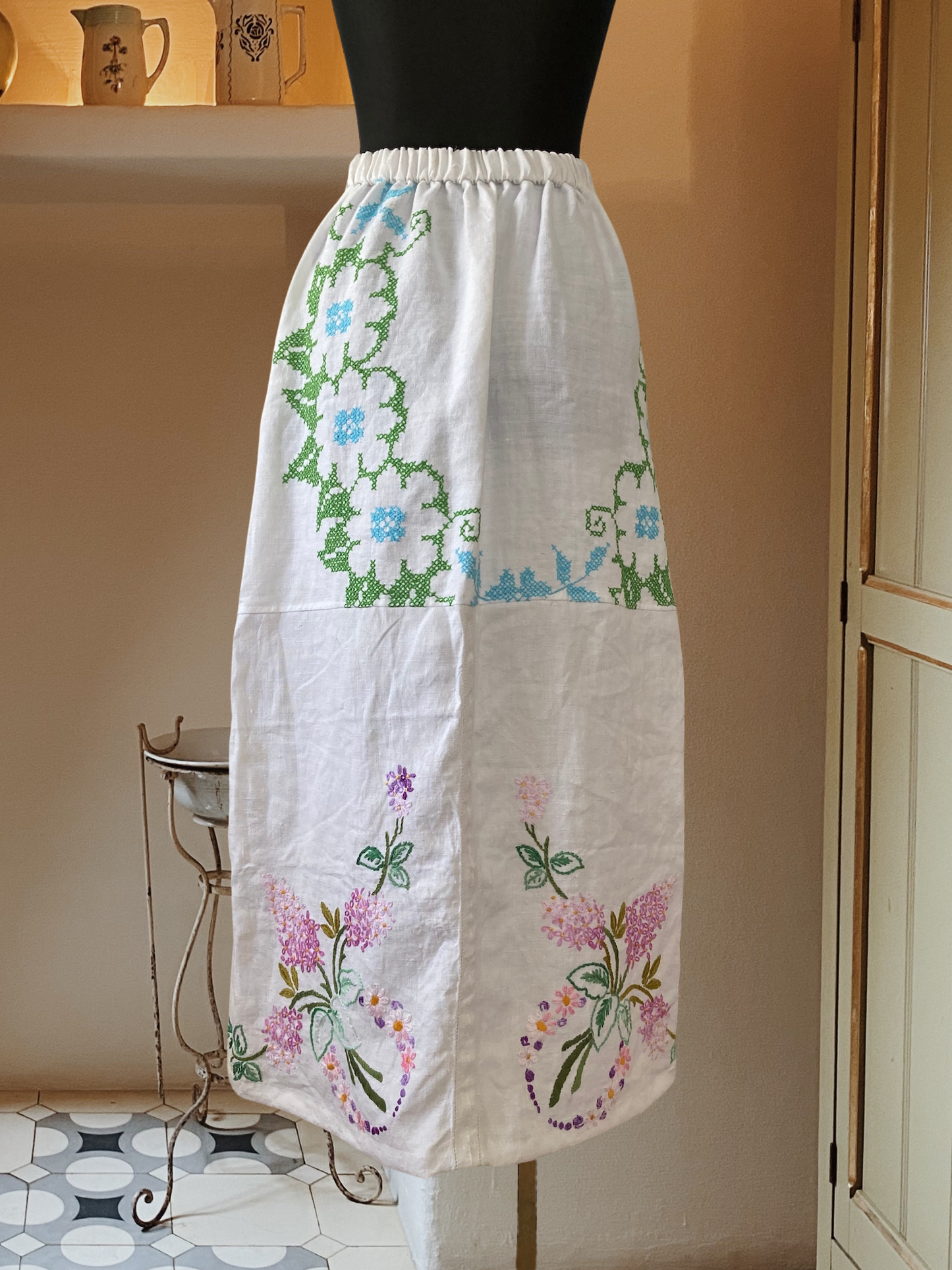 Handmade Skirt from Vintage Embroidered Linen & Cotton Cloth