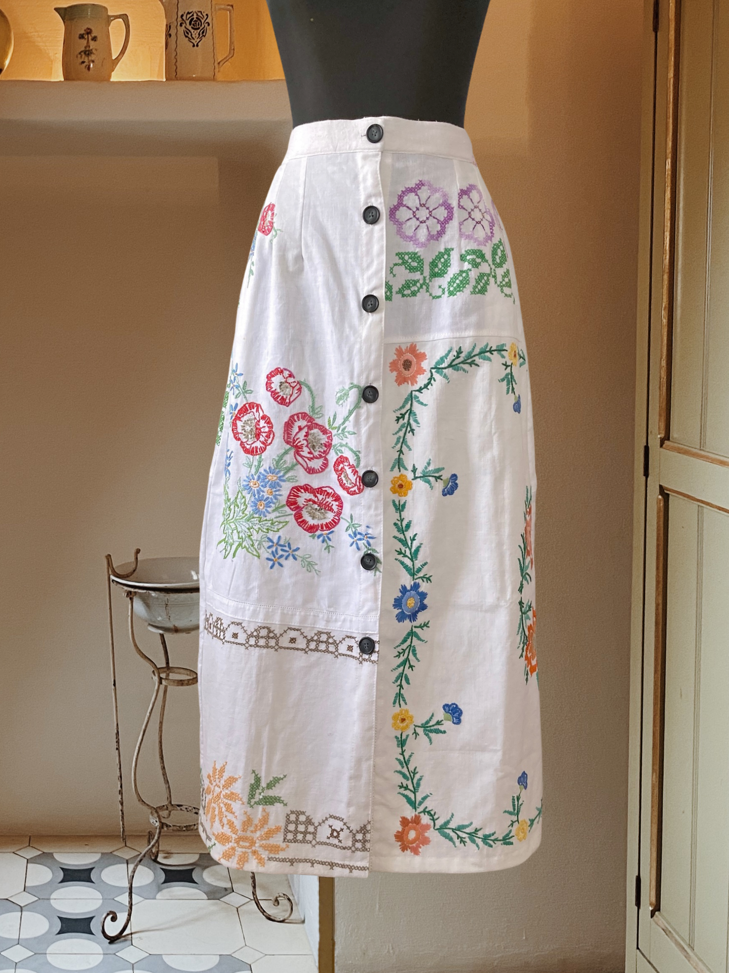 Handmade Skirt from Vintage Embroidered Linen & Cotton Cloth