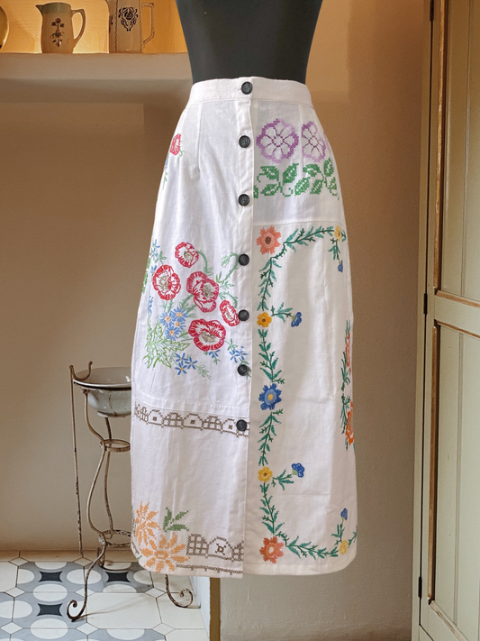 Handmade Skirt from Vintage Embroidered Linen & Cotton Cloth