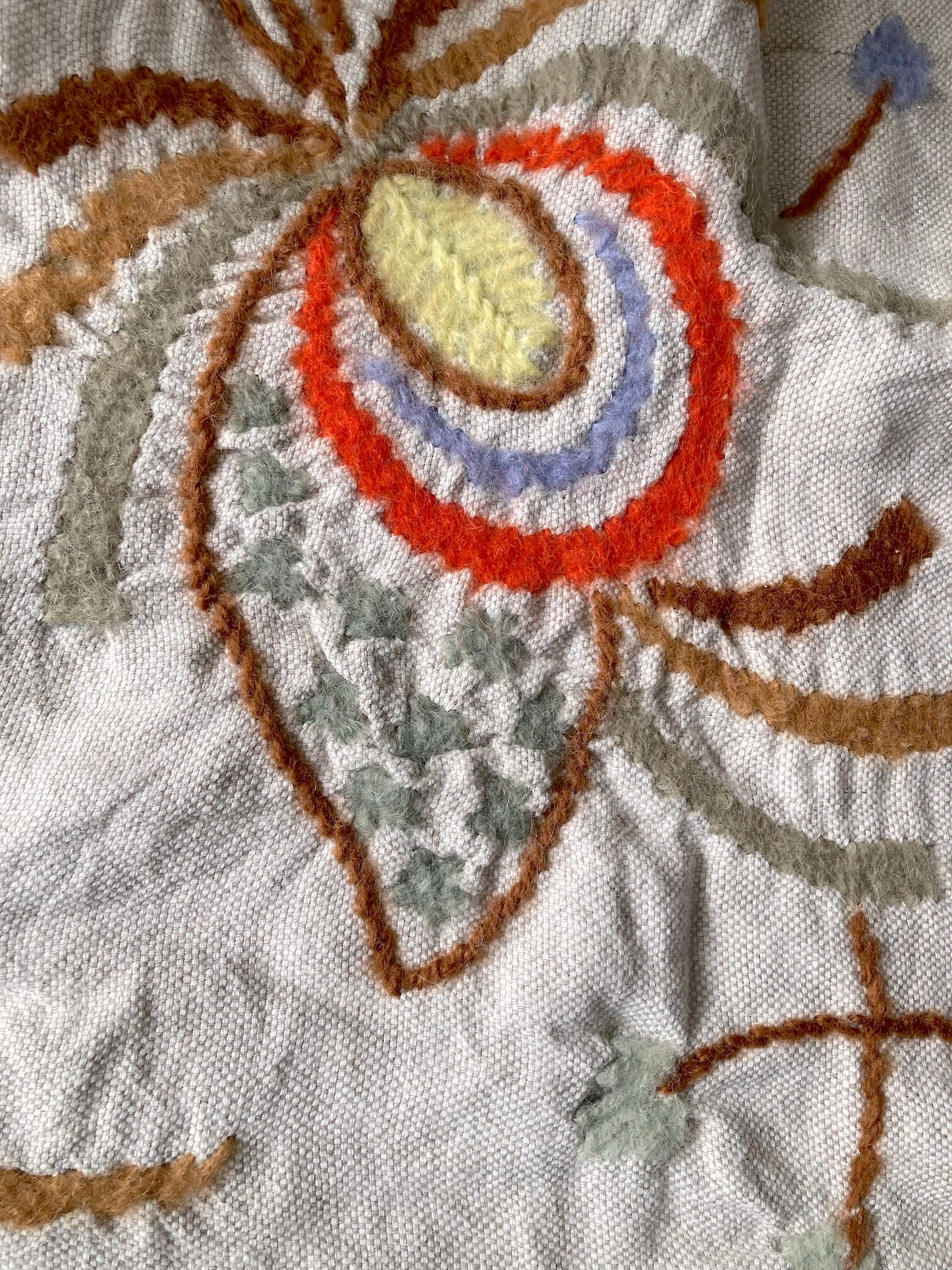 Bohemian Vintage Cotton Linen Textile with Chunky Wool Embroidery – Tablecloth or Throw