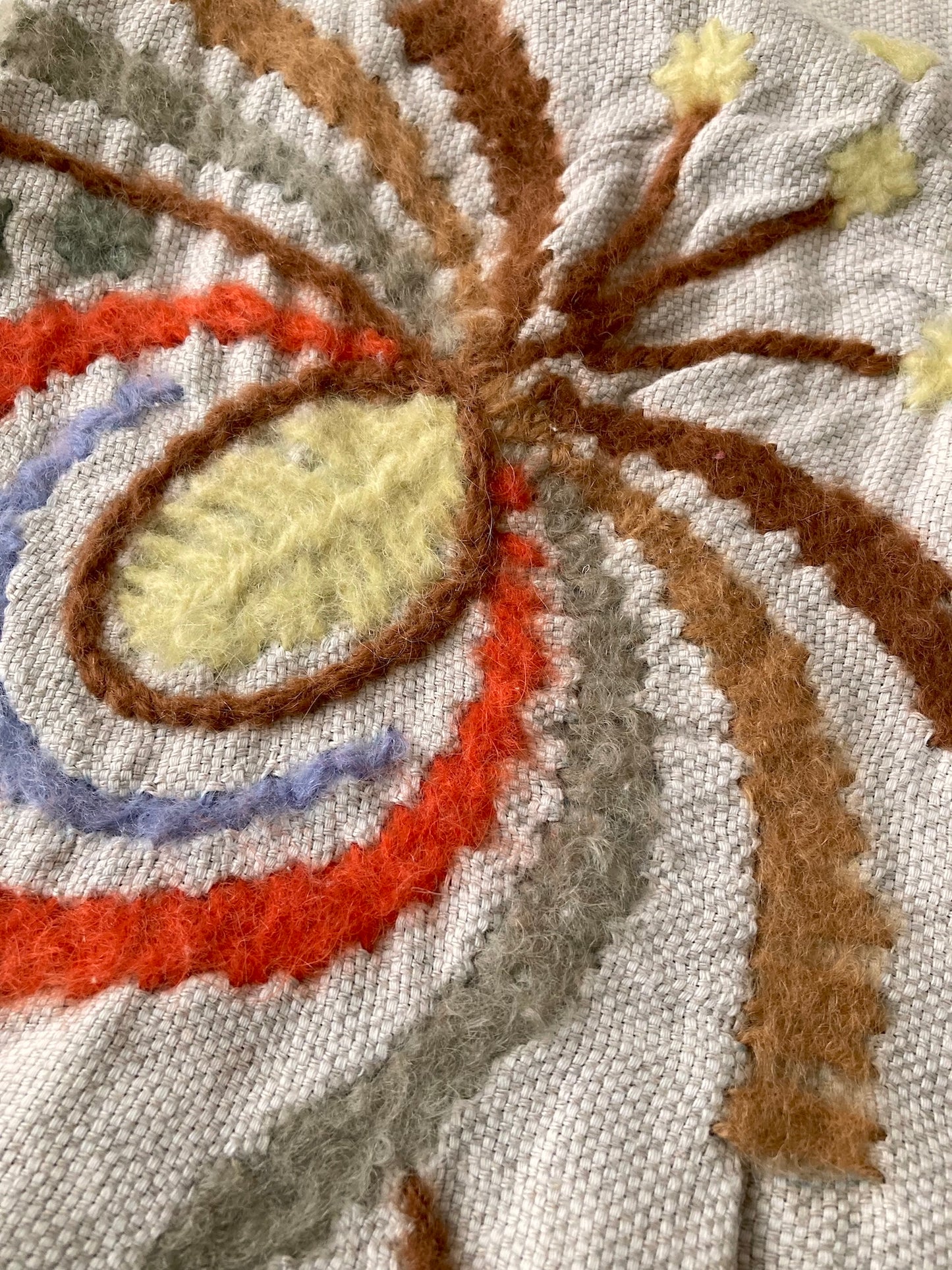 Bohemian Vintage Cotton Linen Textile with Chunky Wool Embroidery – Tablecloth or Throw