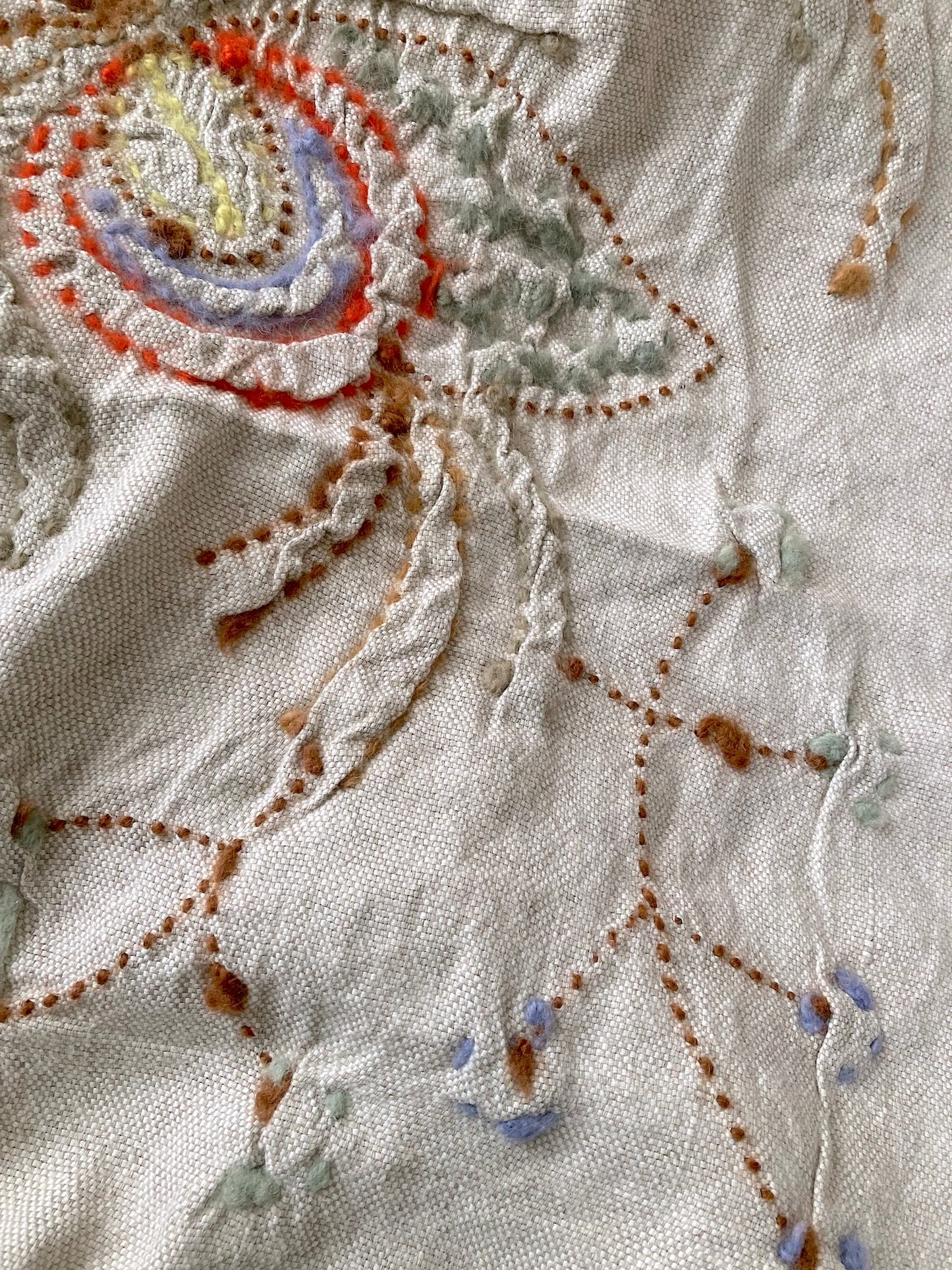 Bohemian Vintage Cotton Linen Textile with Chunky Wool Embroidery – Tablecloth or Throw