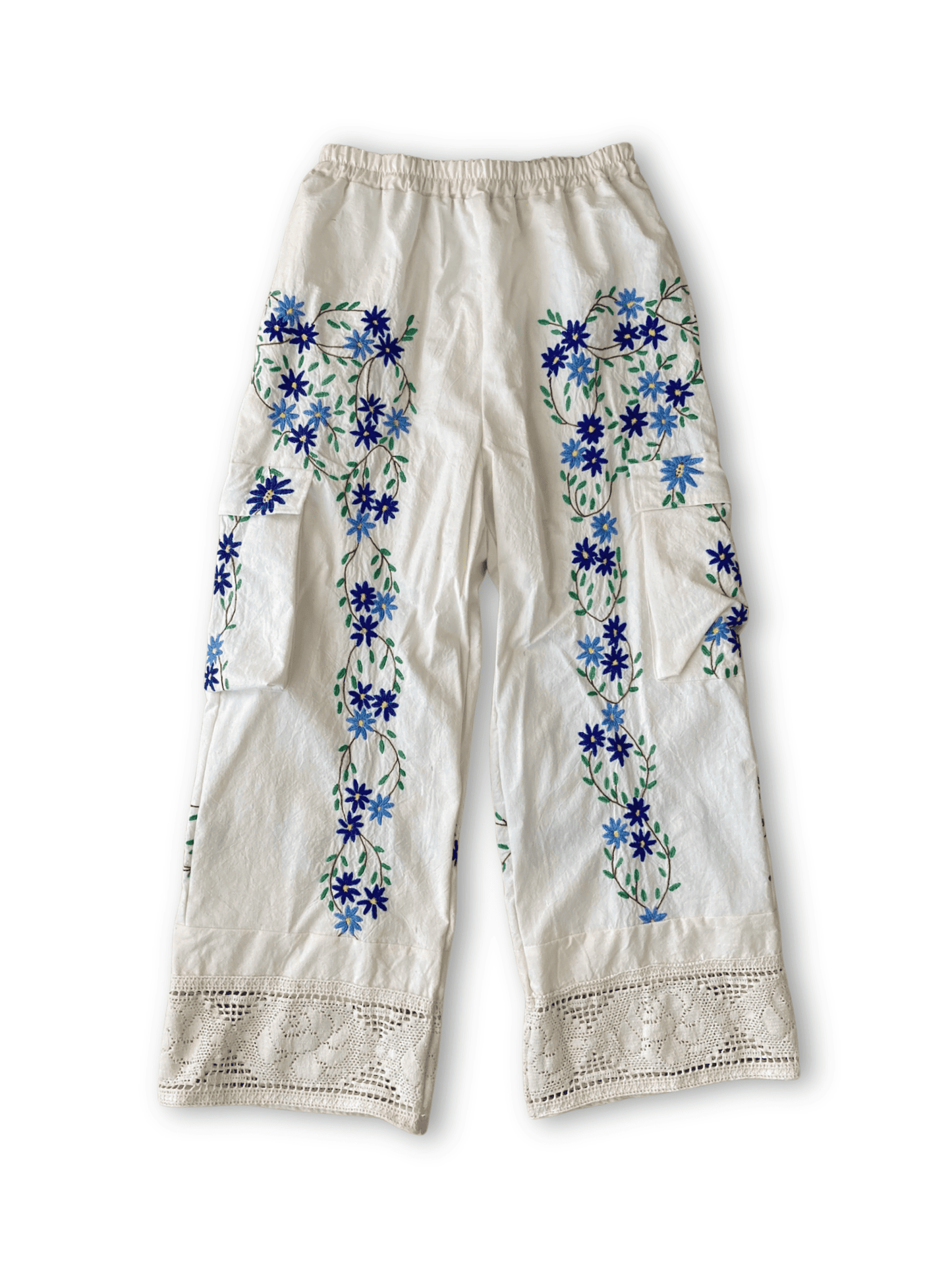 Upcycled Vintage Embroidered Cargo Pants, Crochet Hem, Ivory Cotton Wide Leg Trousers