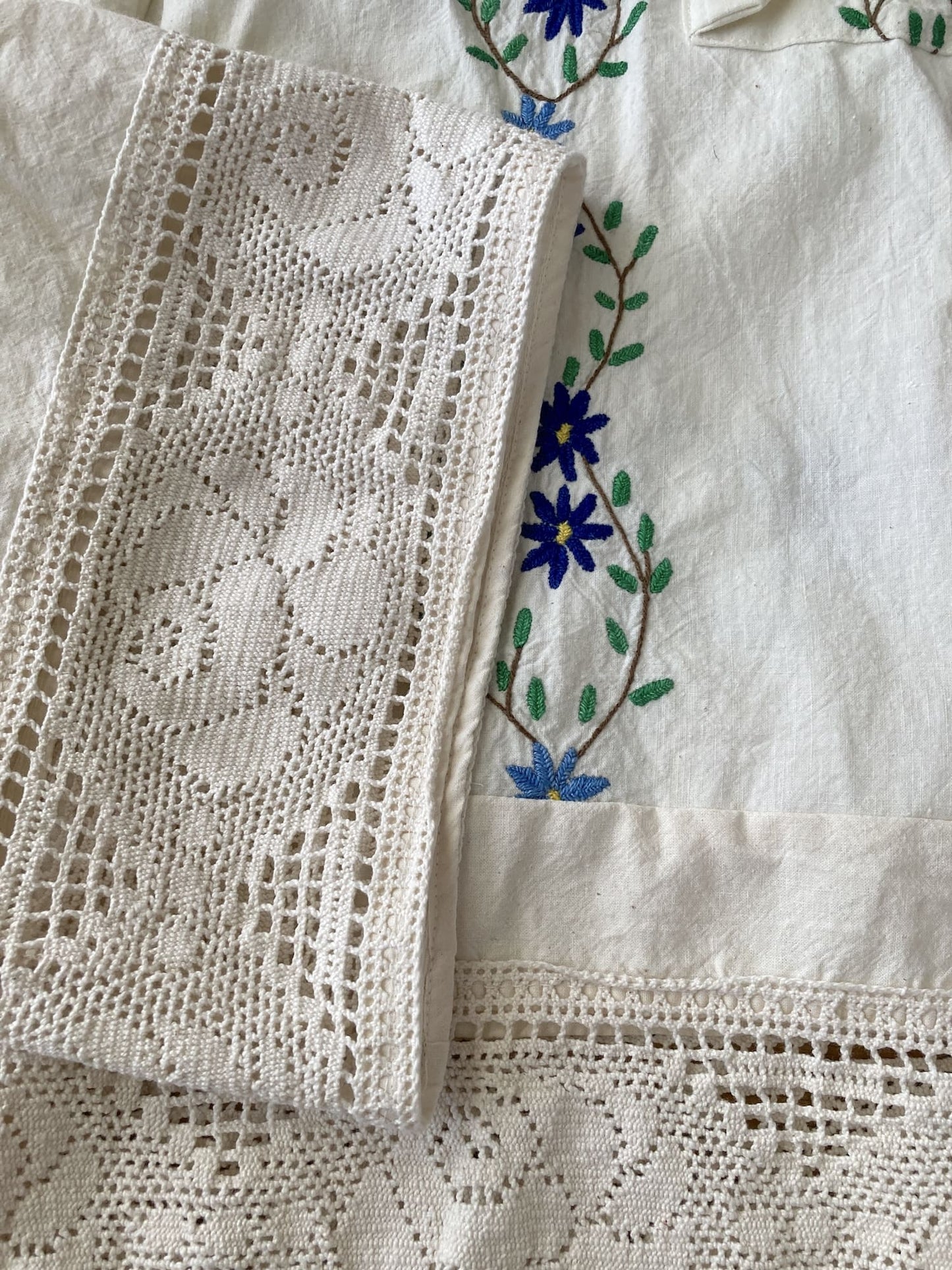 Upcycled Vintage Embroidered Cargo Pants, Crochet Hem, Ivory Cotton Wide Leg Trousers