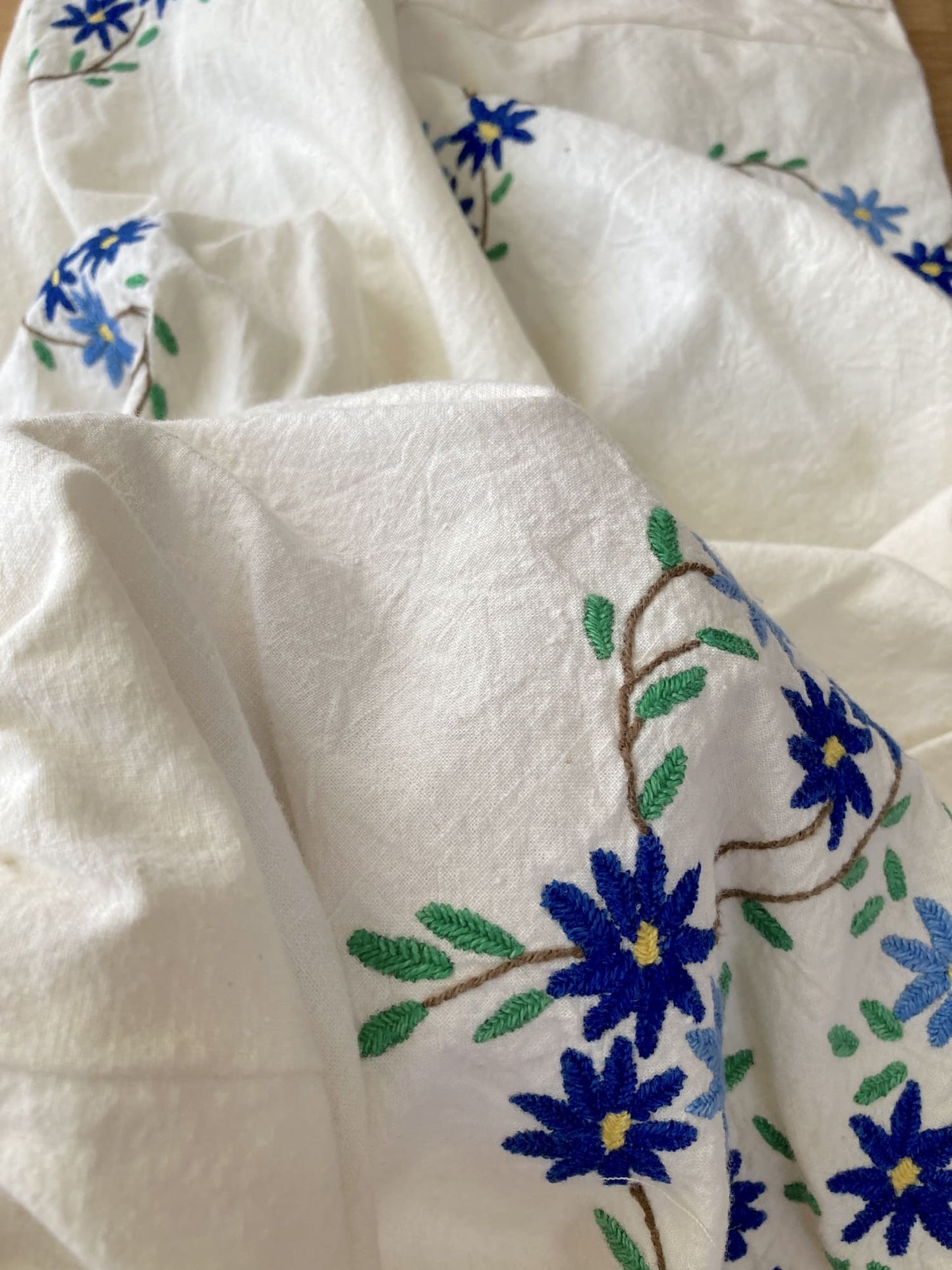 Upcycled Vintage Embroidered Cargo Pants, Crochet Hem, Ivory Cotton Wide Leg Trousers