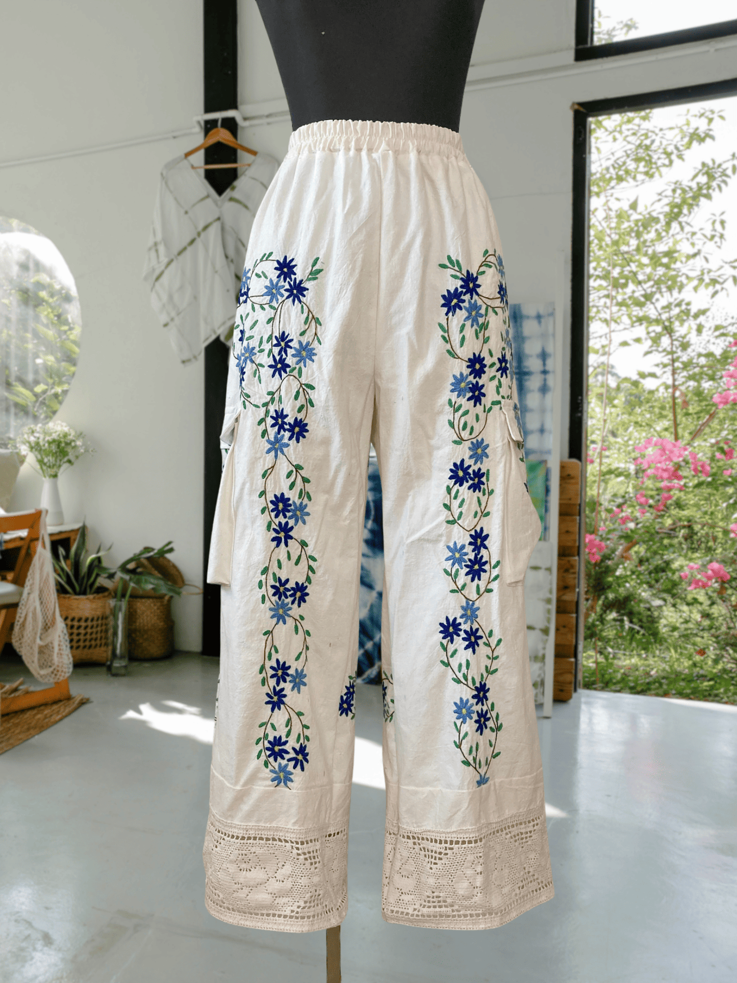 Upcycled Vintage Embroidered Cargo Pants, Crochet Hem, Ivory Cotton Wide Leg Trousers