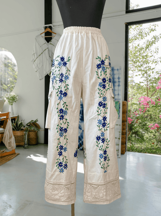 Upcycled Vintage Embroidered Cargo Pants, Crochet Hem, Ivory Cotton Wide Leg Trousers