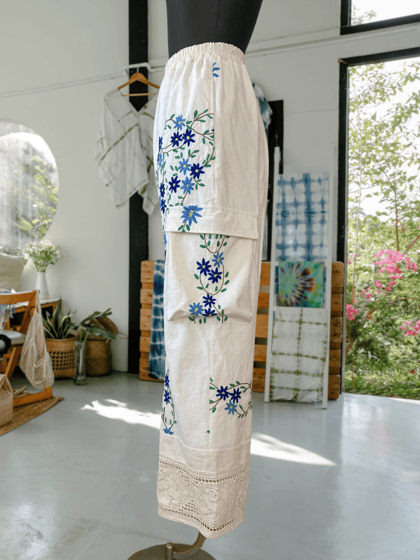 Upcycled Vintage Embroidered Cargo Pants, Crochet Hem, Ivory Cotton Wide Leg Trousers