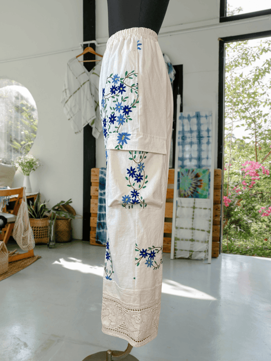 Upcycled Vintage Embroidered Cargo Pants, Crochet Hem, Ivory Cotton Wide Leg Trousers