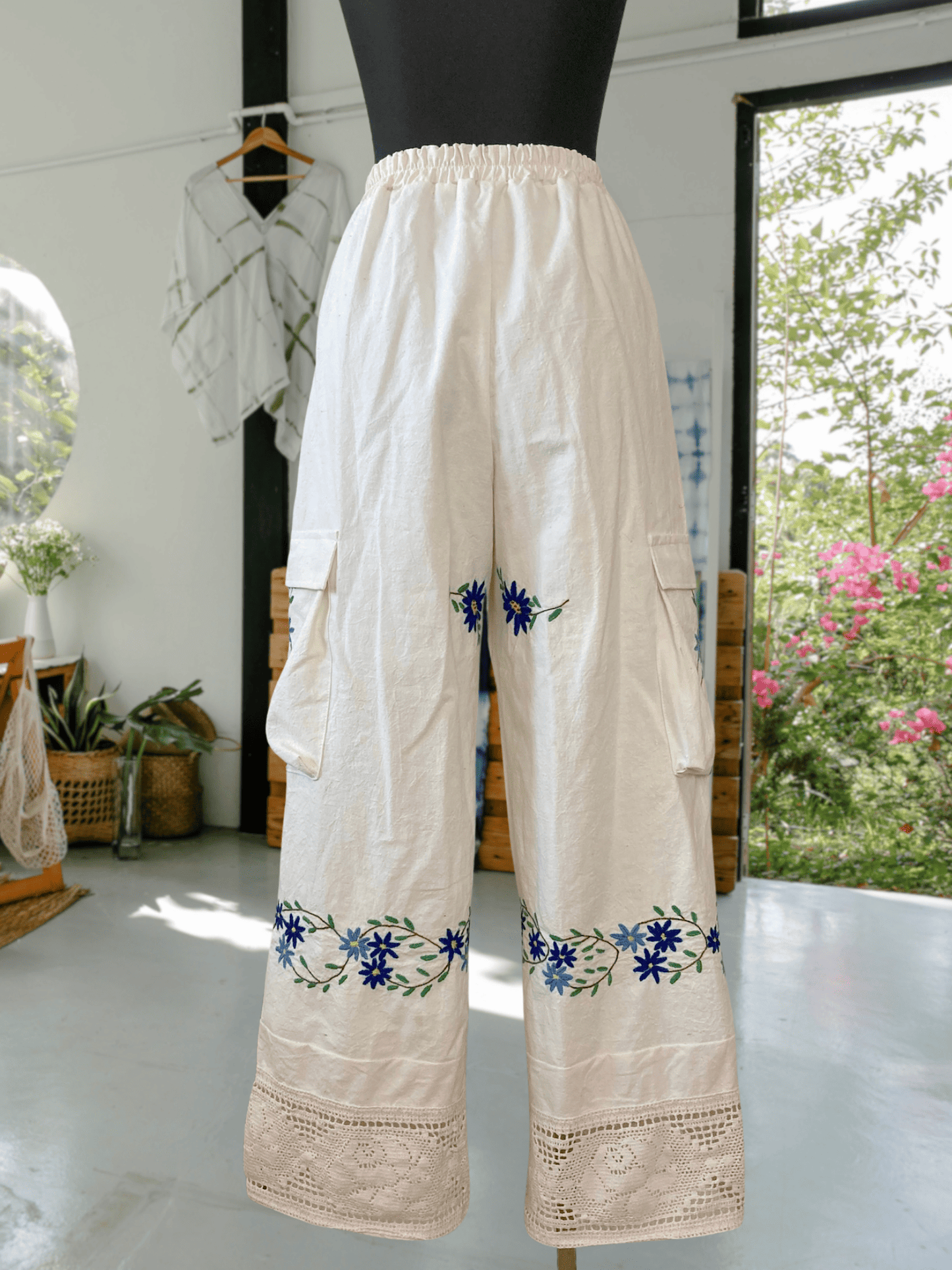 Upcycled Vintage Embroidered Cargo Pants, Crochet Hem, Ivory Cotton Wide Leg Trousers