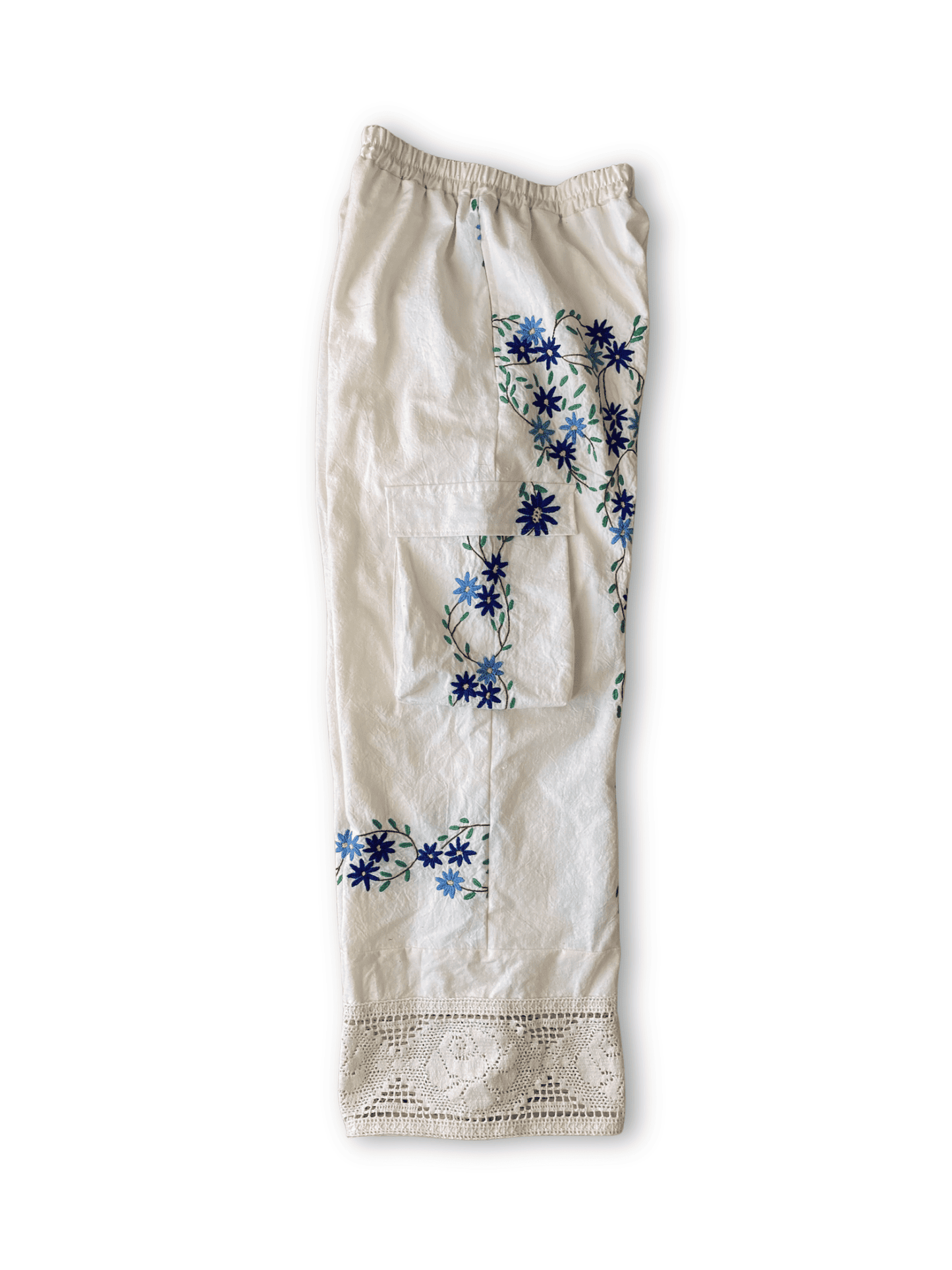Upcycled Vintage Embroidered Cargo Pants, Crochet Hem, Ivory Cotton Wide Leg Trousers