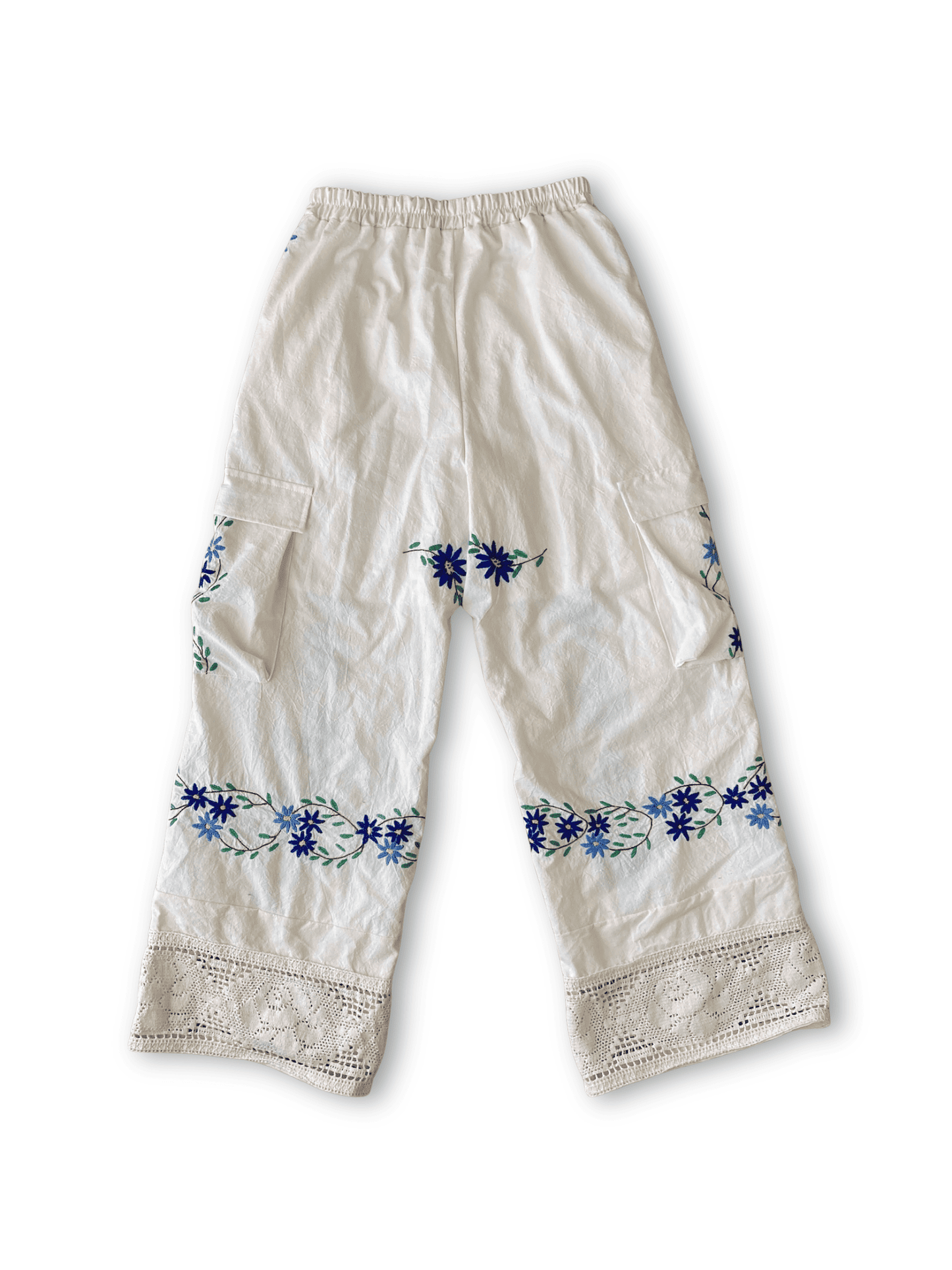 Upcycled Vintage Embroidered Cargo Pants, Crochet Hem, Ivory Cotton Wide Leg Trousers