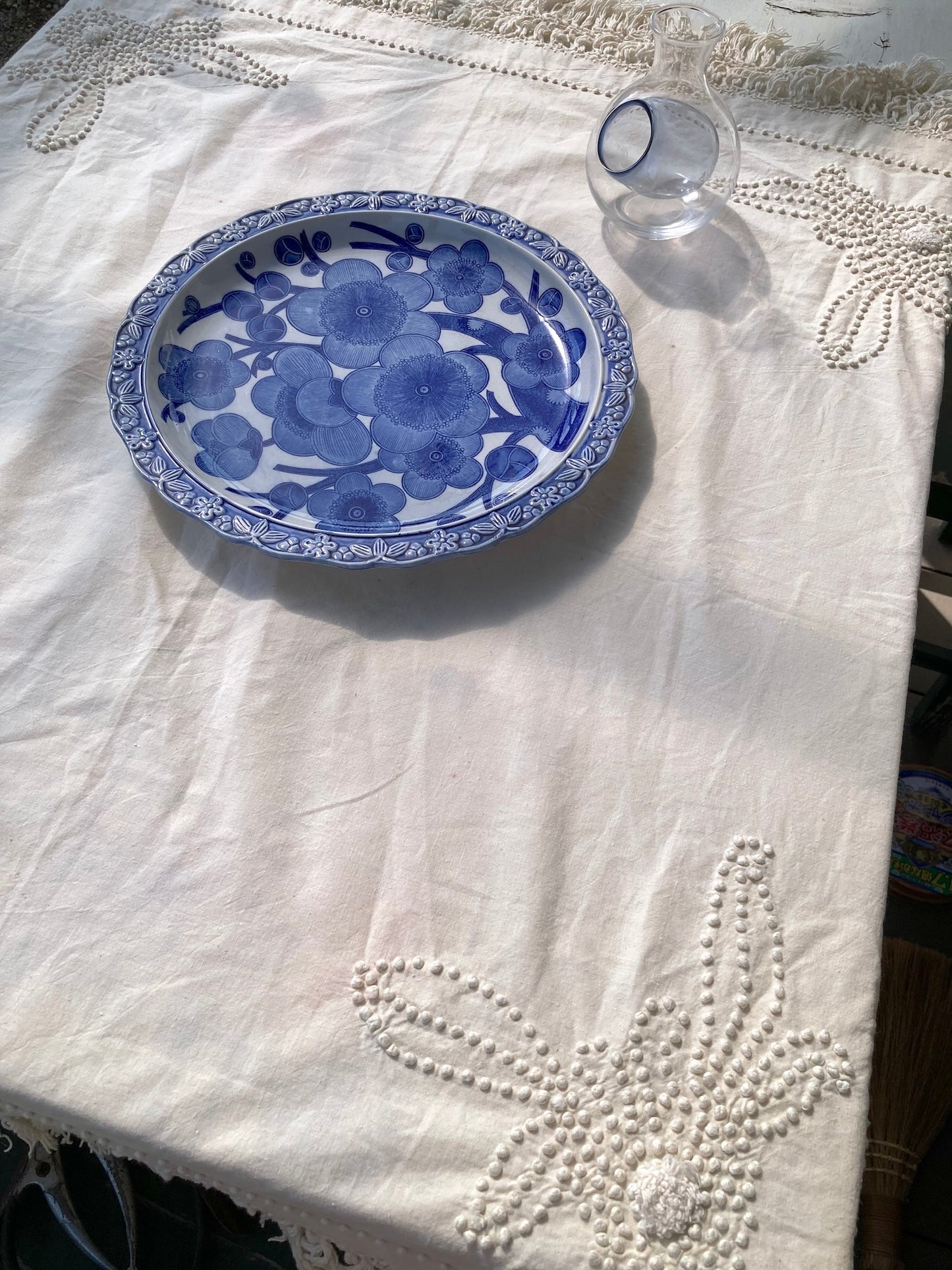ヴィンテージ  生成り コットン フリンジ ドット 刺繍 テーブルクロス
