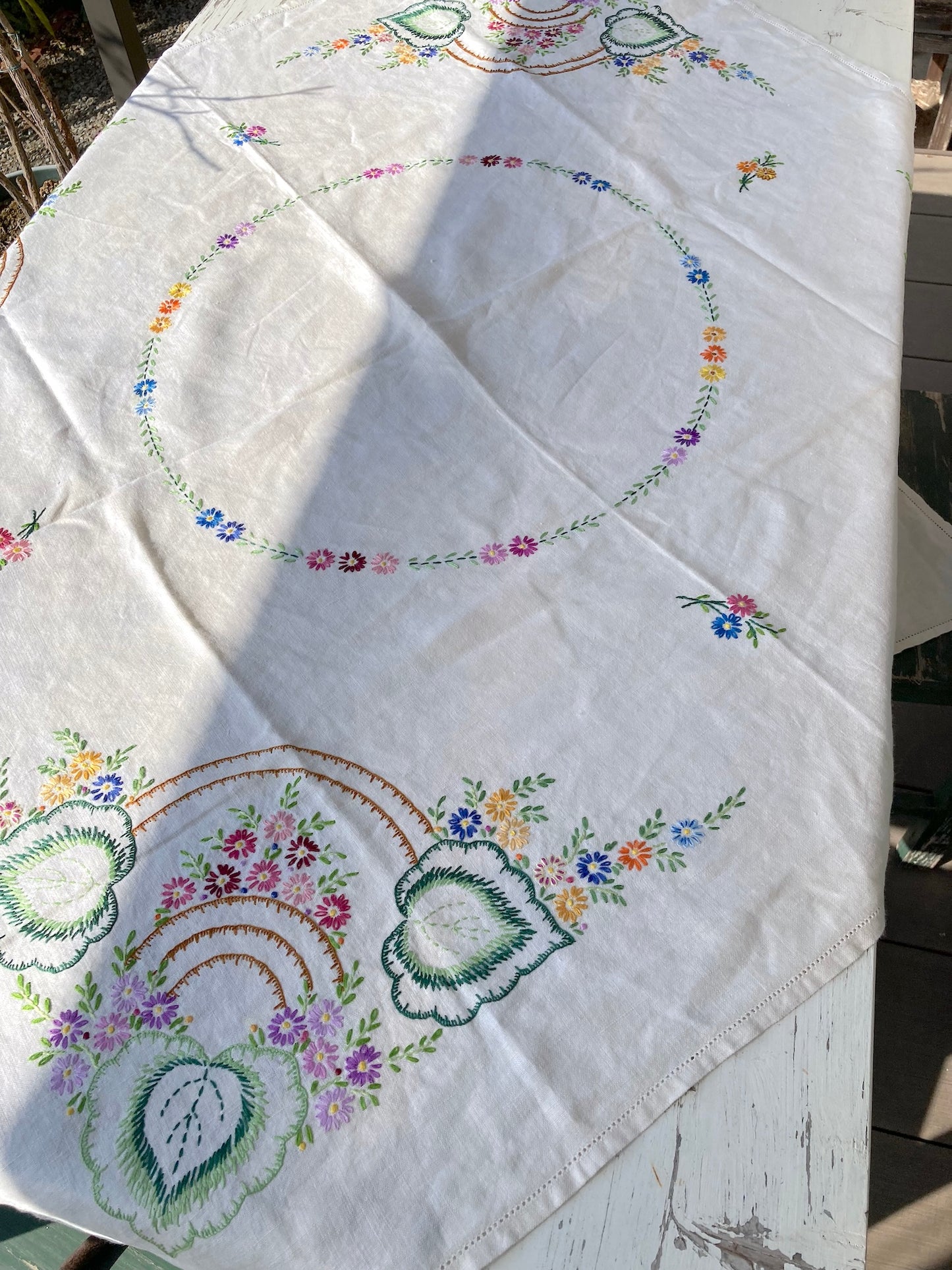 Vintage Hand-Embroidered Linen Tablecloth/Cover (105x107cm / 41x42")