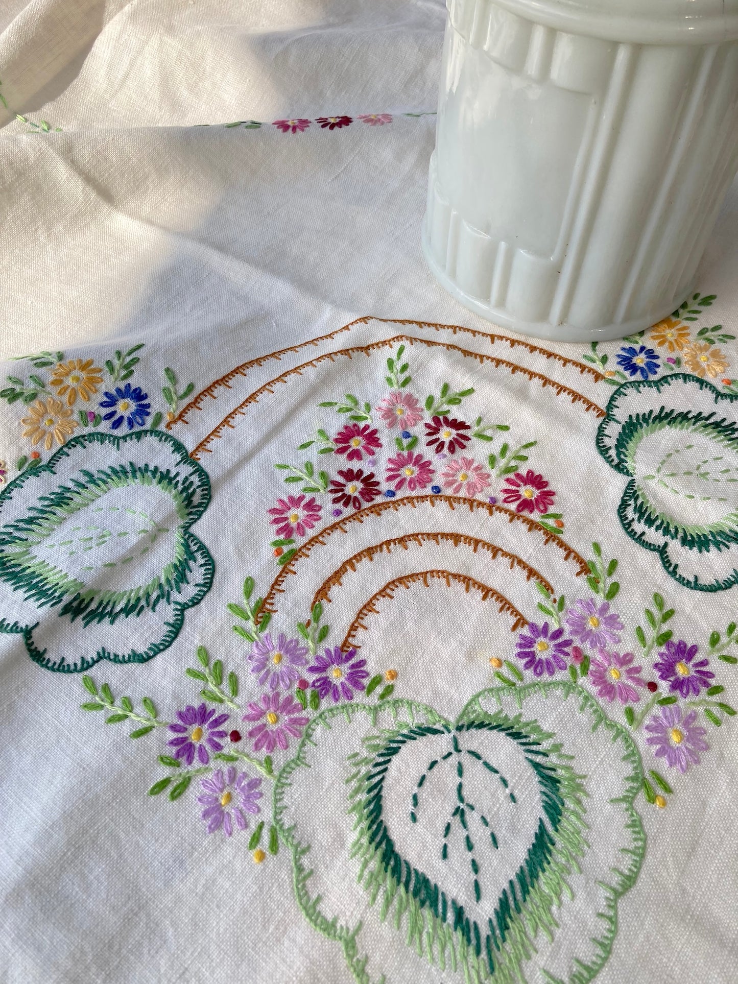 Vintage Hand-Embroidered Linen Tablecloth/Cover (105x107cm / 41x42")