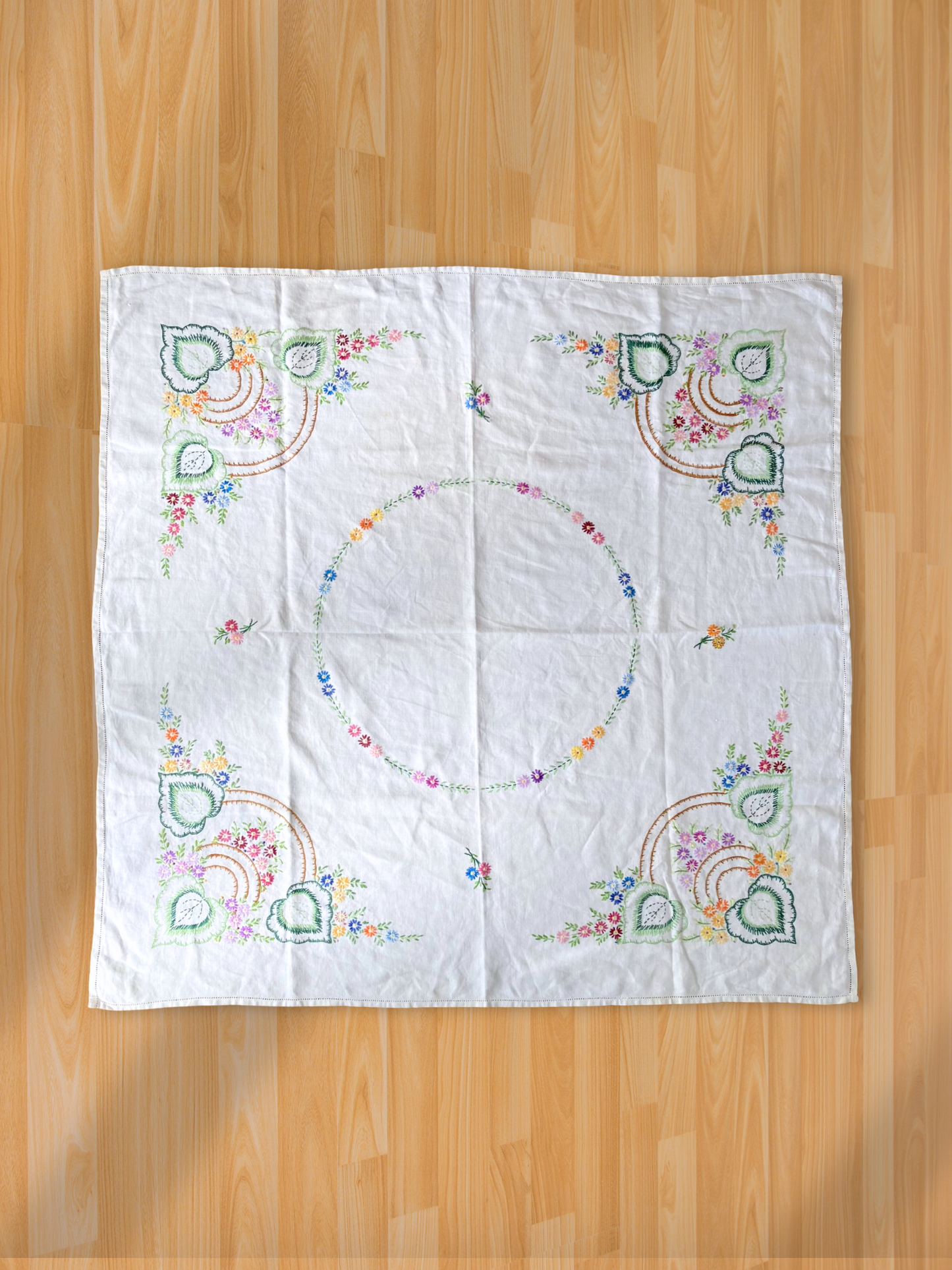 Vintage Hand-Embroidered Linen Tablecloth/Cover (105x107cm / 41x42")