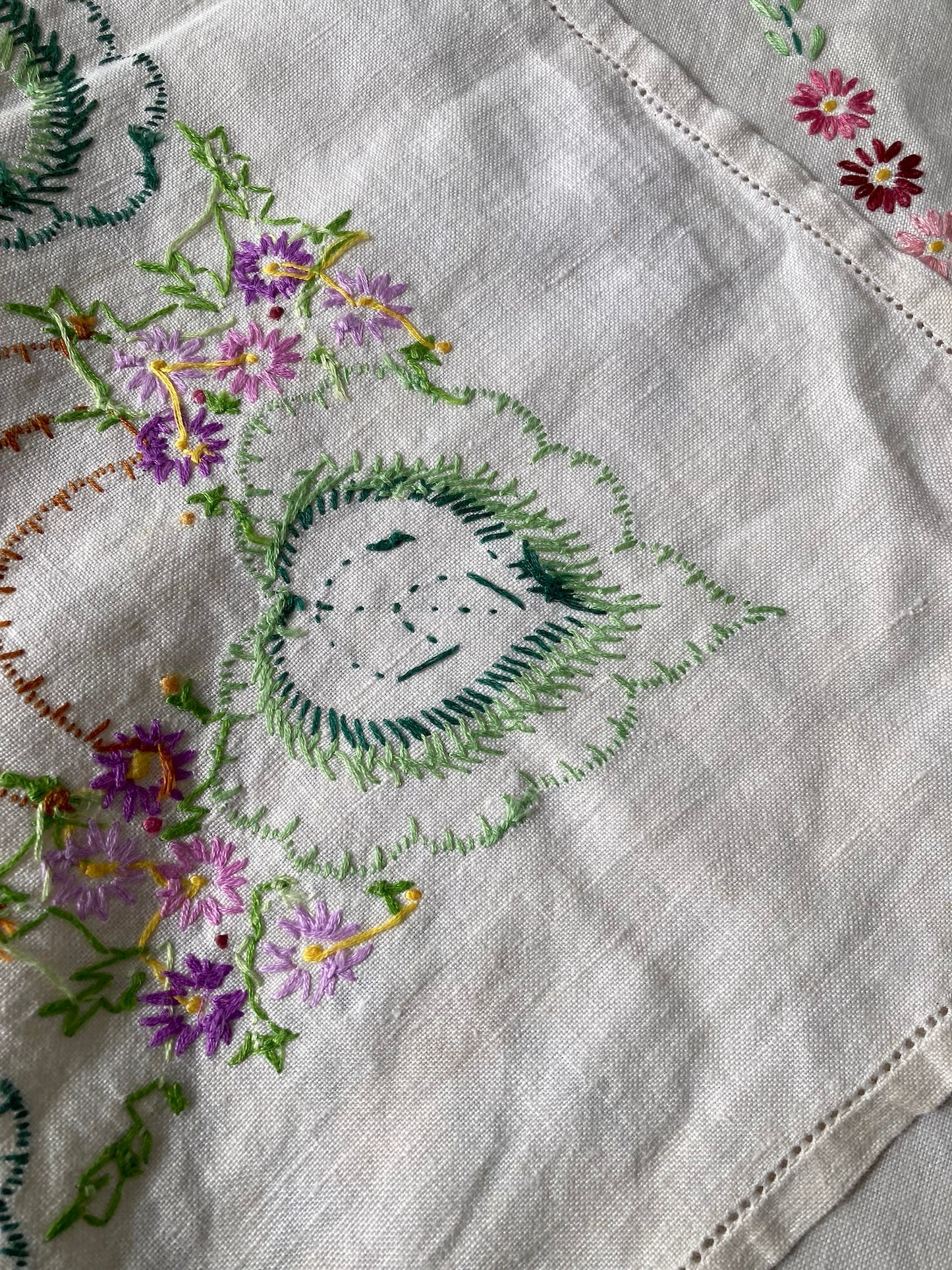 Vintage Hand-Embroidered Linen Tablecloth/Cover (105x107cm / 41x42")