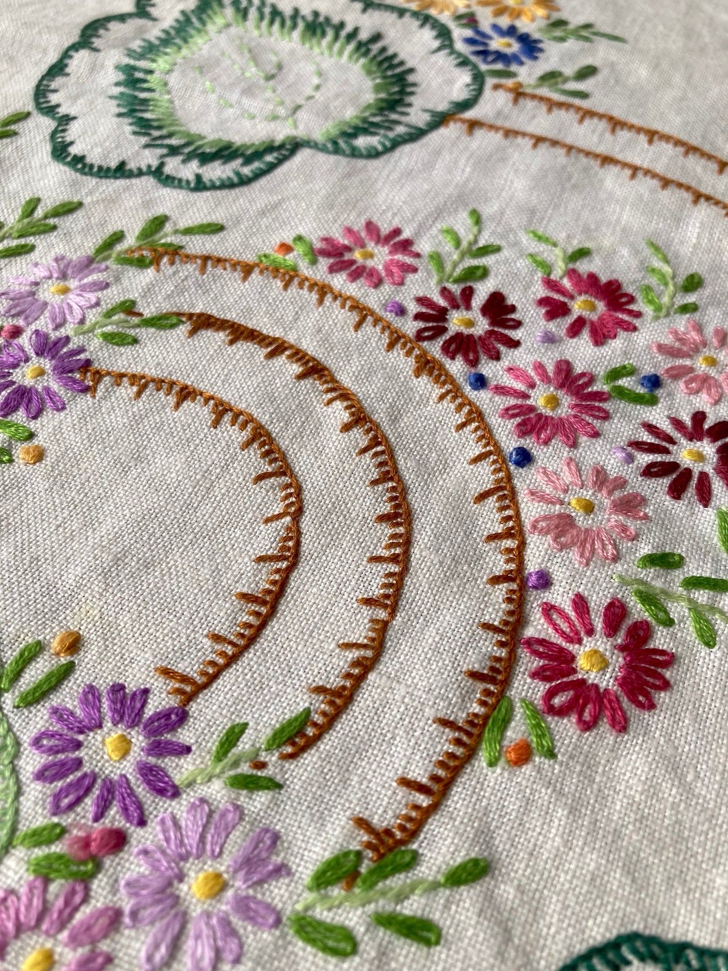 Vintage Hand-Embroidered Linen Tablecloth/Cover (105x107cm / 41x42")